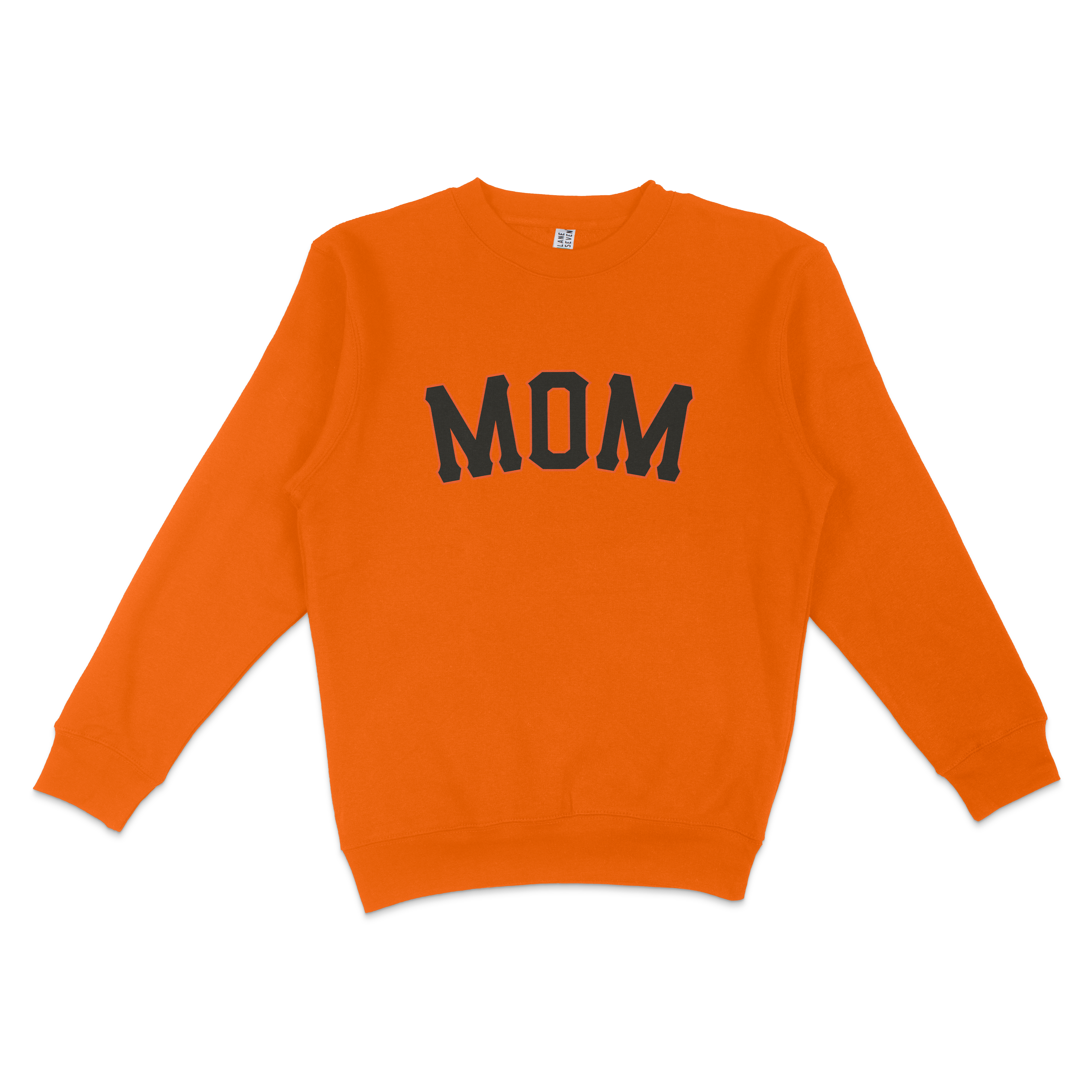 Orange crewneck sweatshirt with "MOM" in bold black letters, celebrating San Francisco baseball moms.