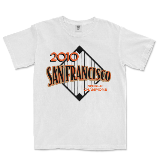White T-shirt featuring a vintage-style graphic design celebrating the 2010 San Francisco World Champions, with a bridge illustration.