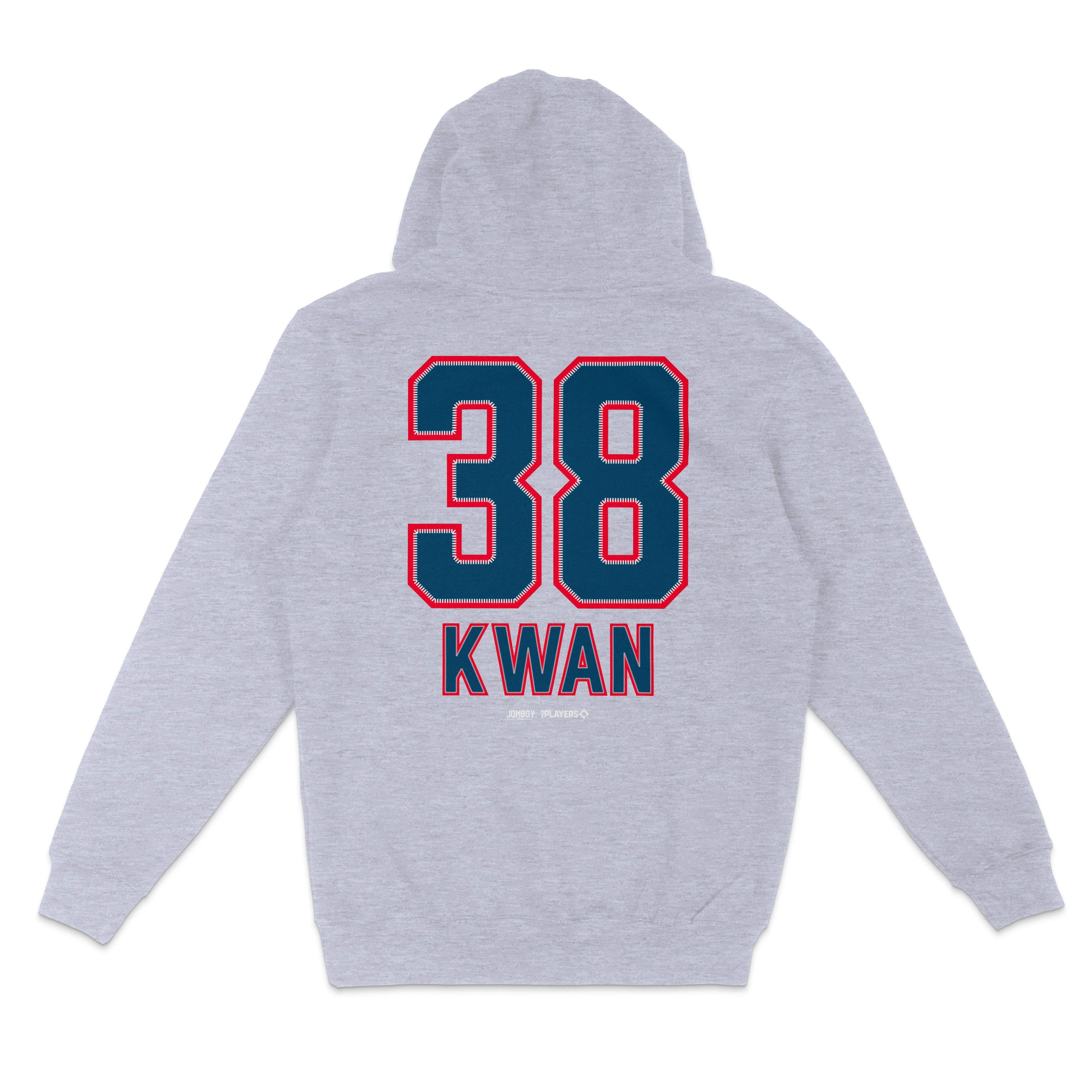 Gray pullover fleece hoodie featuring the number 38 and "KWAN" printed on the back in bold blue and red lettering.