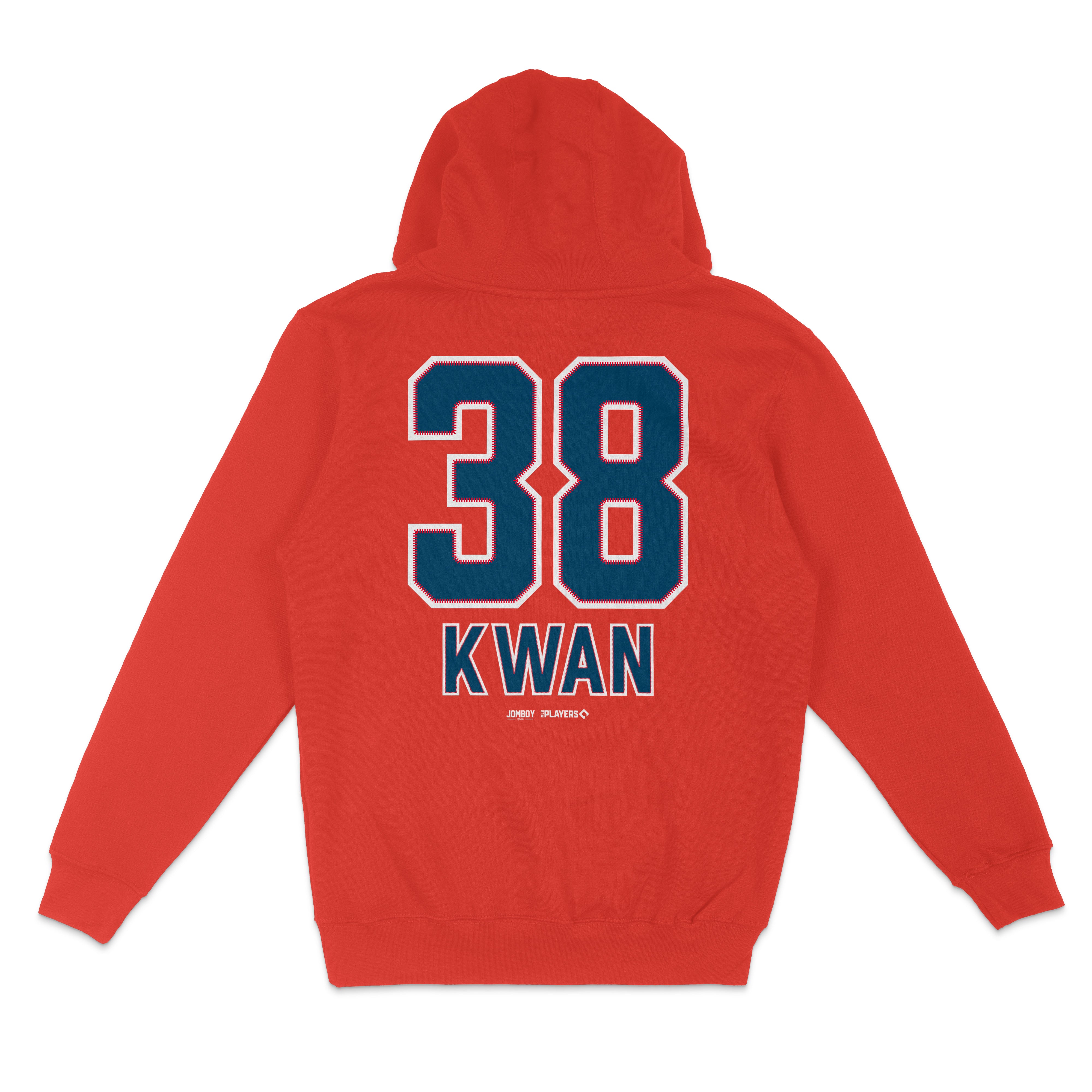 Red pullover fleece hoodie featuring the number 38 and "KWAN" printed on the back in blue and white.