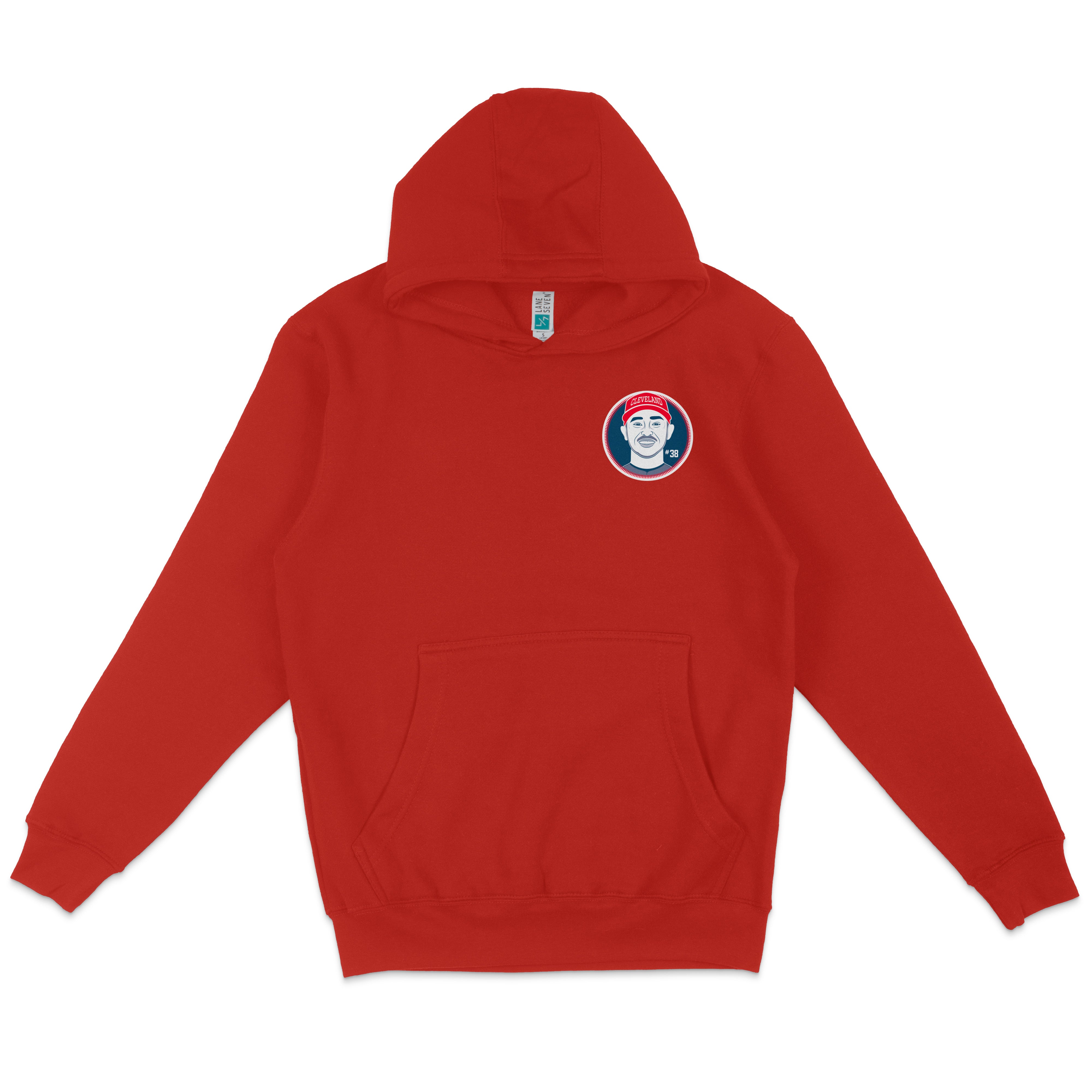 Red pullover fleece hoodie featuring a Cleveland baseball team logo patch on the chest and a front kangaroo pocket.
