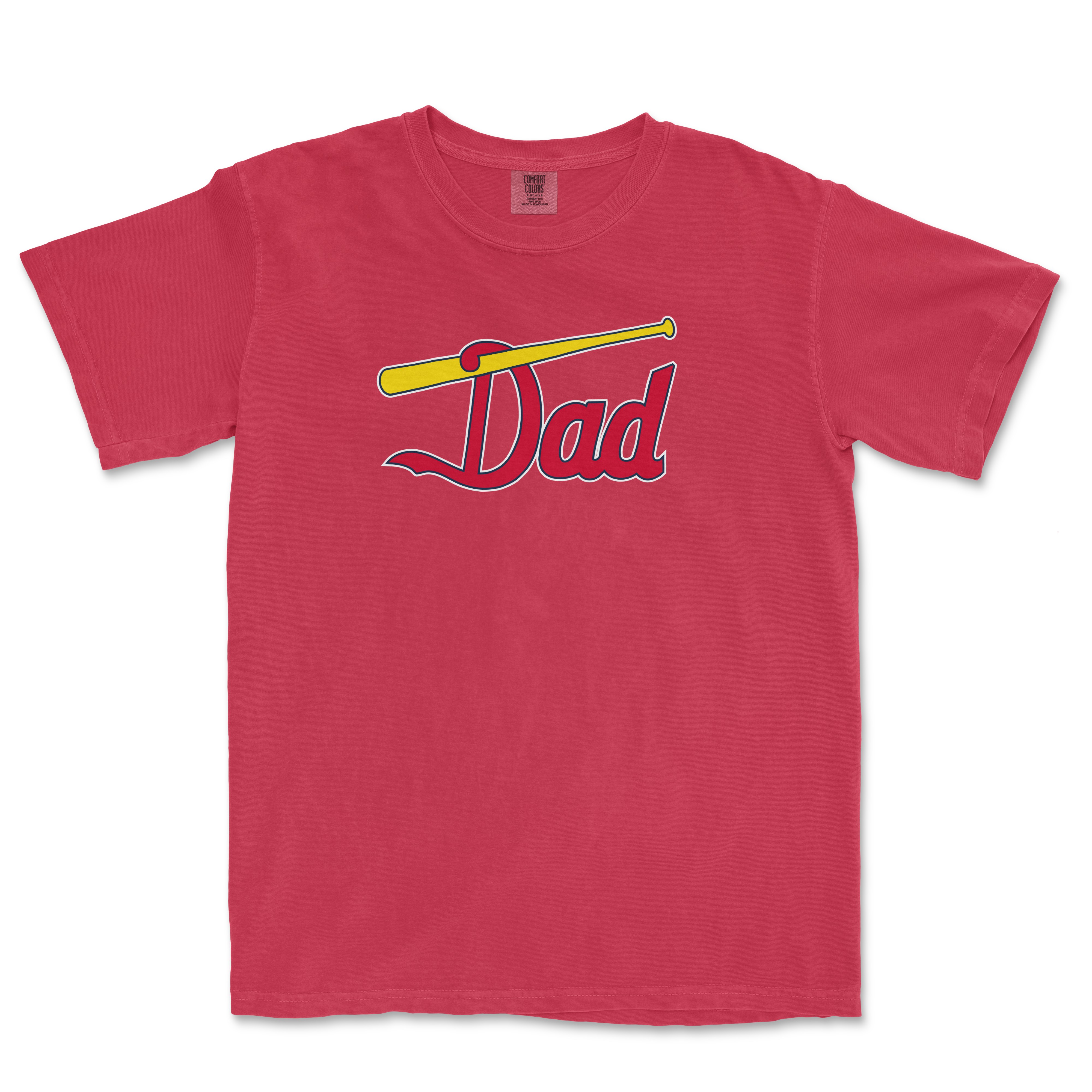 Red t-shirt featuring the word "Dad" with a baseball bat graphic, perfect for St. Louis baseball fans.