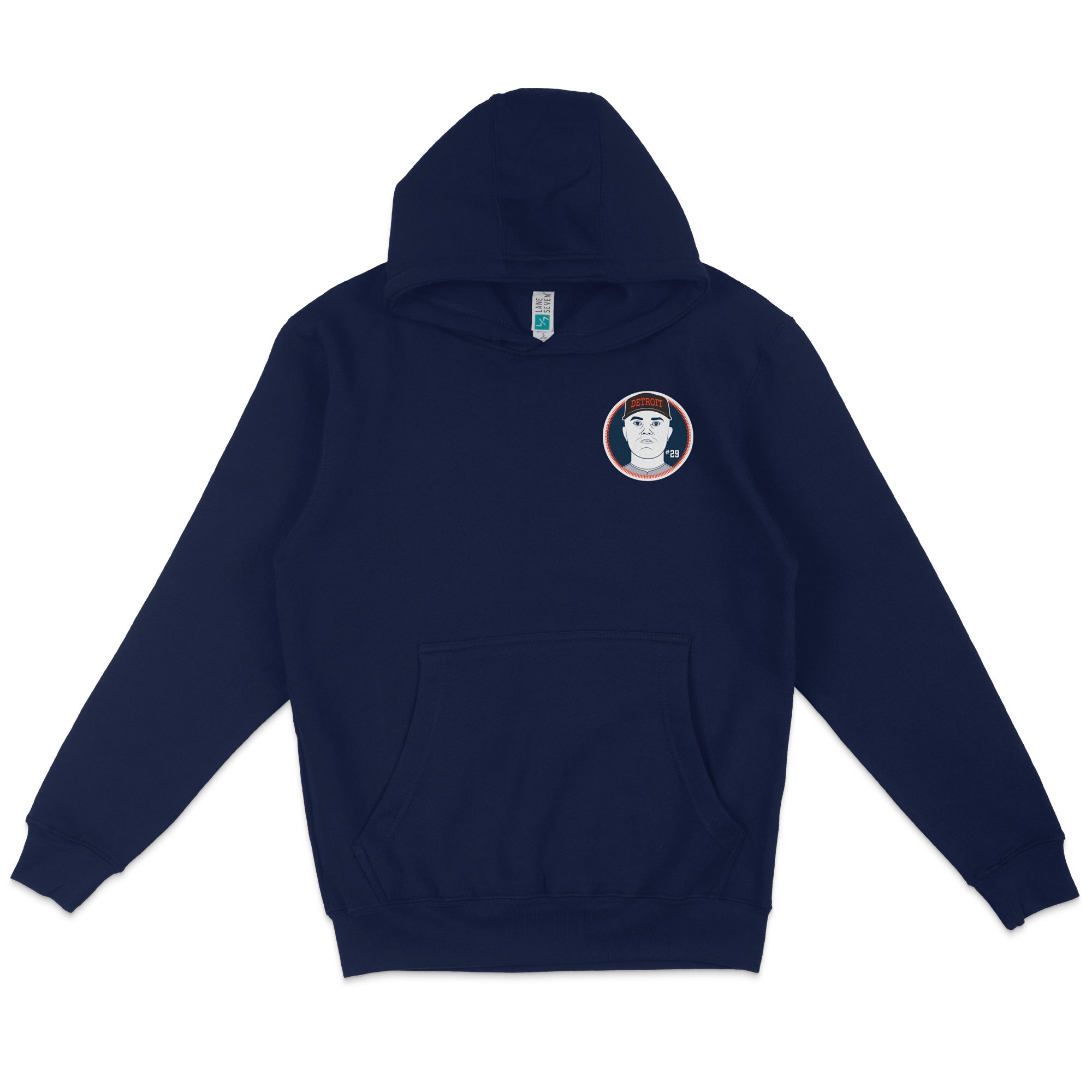 Navy blue pullover fleece hoodie featuring a Detroit baseball team patch with Tarik Skubal's image and number 29.