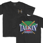 Black Comfort Colors t-shirt featuring the 'Talkin' Baseball' graphic with crossed baseball bats on the back and a subtle 'TXB' logo on the front chest.