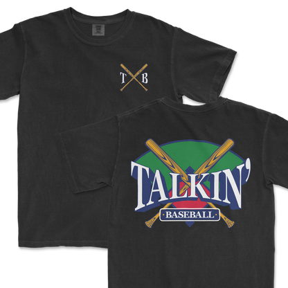 Black Comfort Colors t-shirt featuring the 'Talkin' Baseball' graphic with crossed baseball bats on the back and a subtle 'TXB' logo on the front chest.