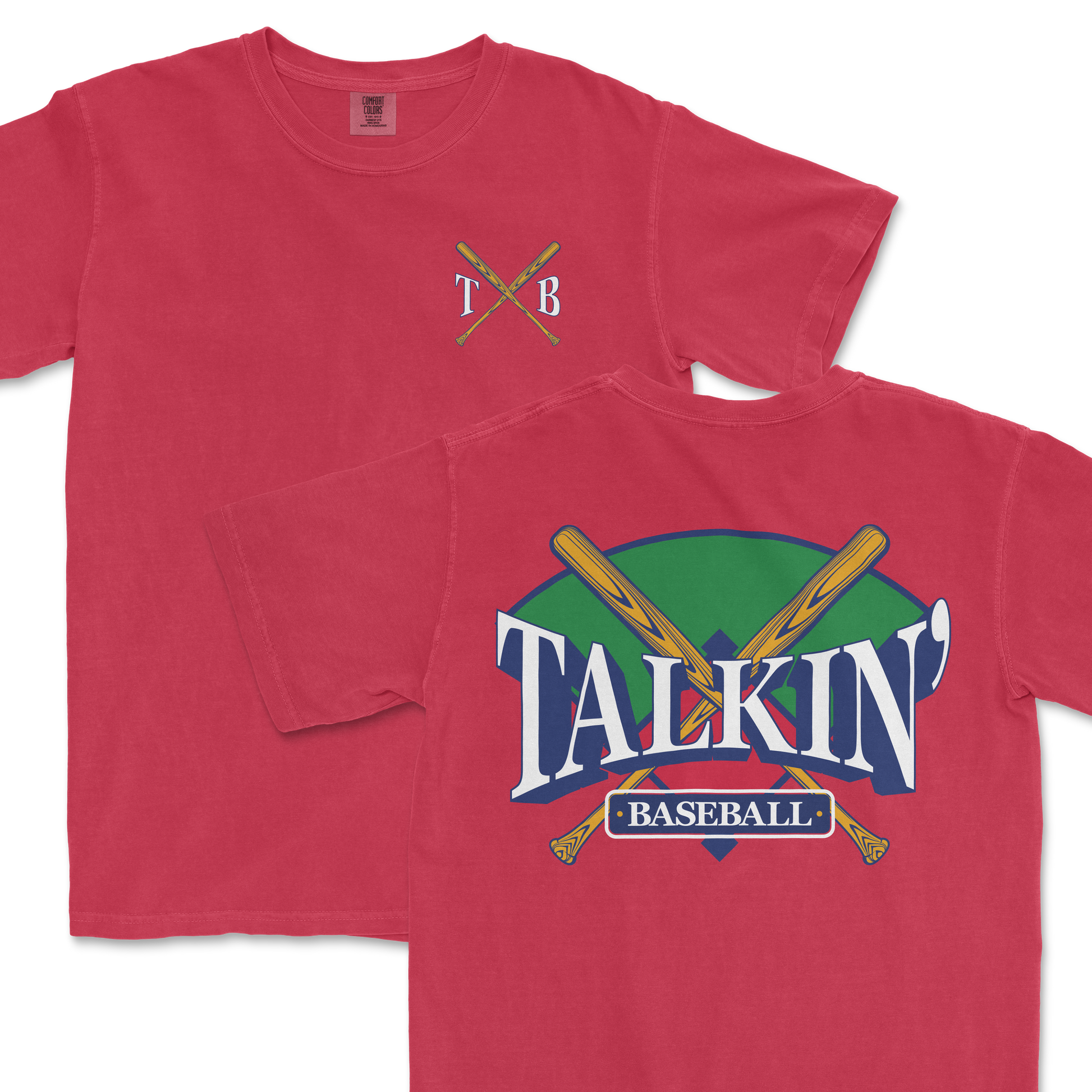 Red Comfort Colors t-shirt featuring a 'Talkin' Baseball' graphic with crossed bats and a colorful backdrop, and a small 'TXB' logo on the chest.