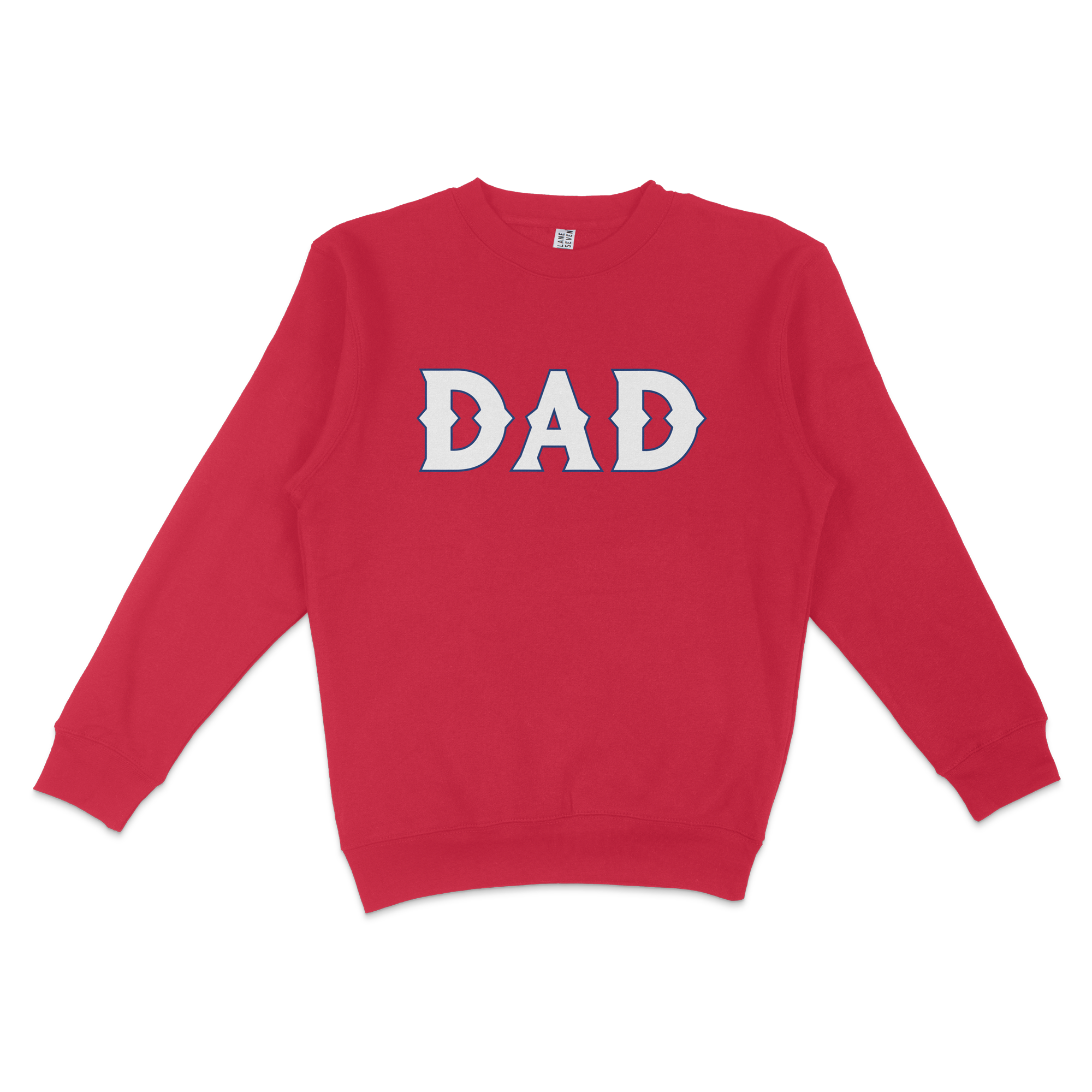 Red crewneck sweatshirt with "DAD" printed in large white and blue letters on the front, celebrating Texas baseball dads.