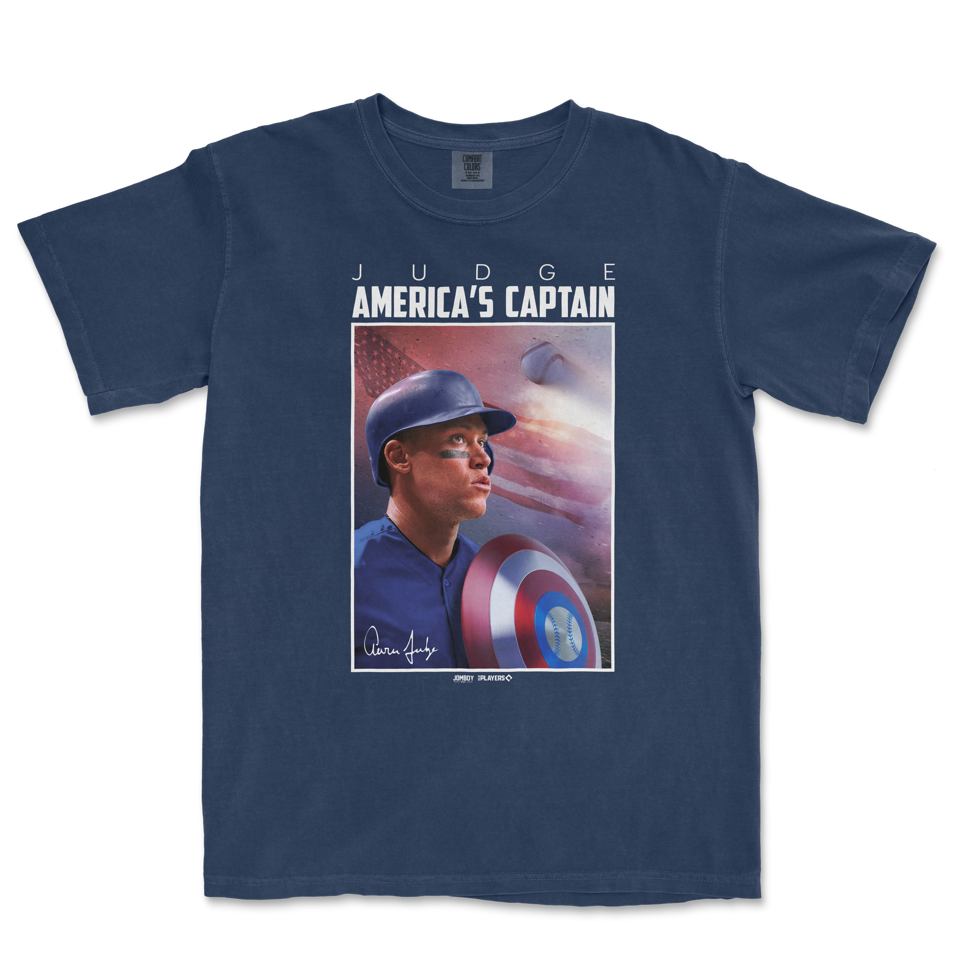 Comfort Colors tee featuring Aaron Judge as America's Captain, with a patriotic baseball-themed graphic and signature.