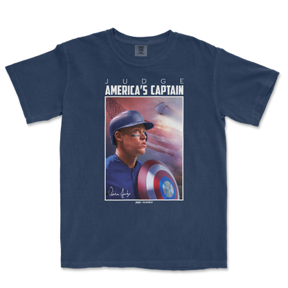 Comfort Colors tee featuring Aaron Judge as America's Captain, with a patriotic baseball-themed graphic and signature.
