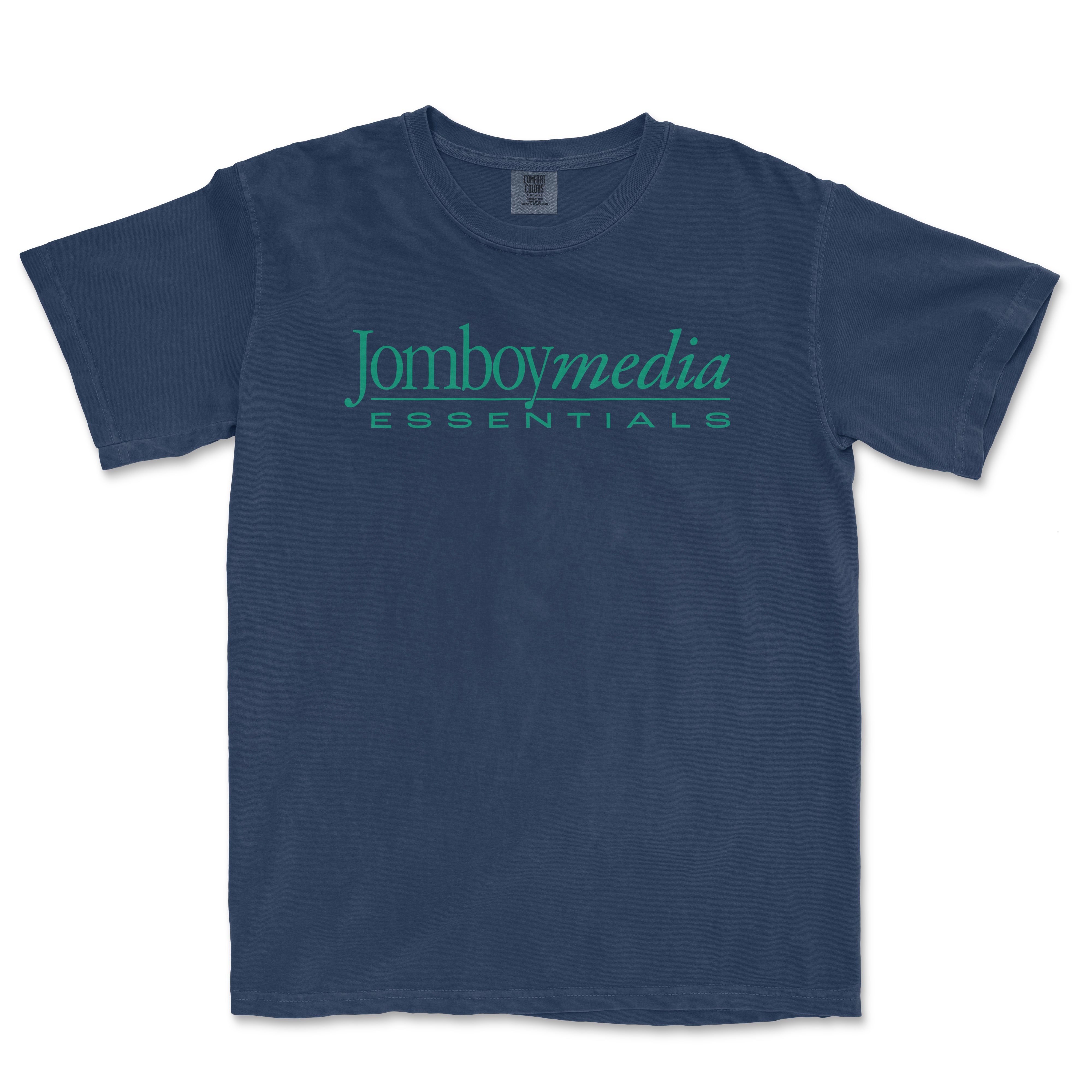 A vintage-style navy T-shirt featuring the "Jomboymedia Essentials" logo in green text across the chest.