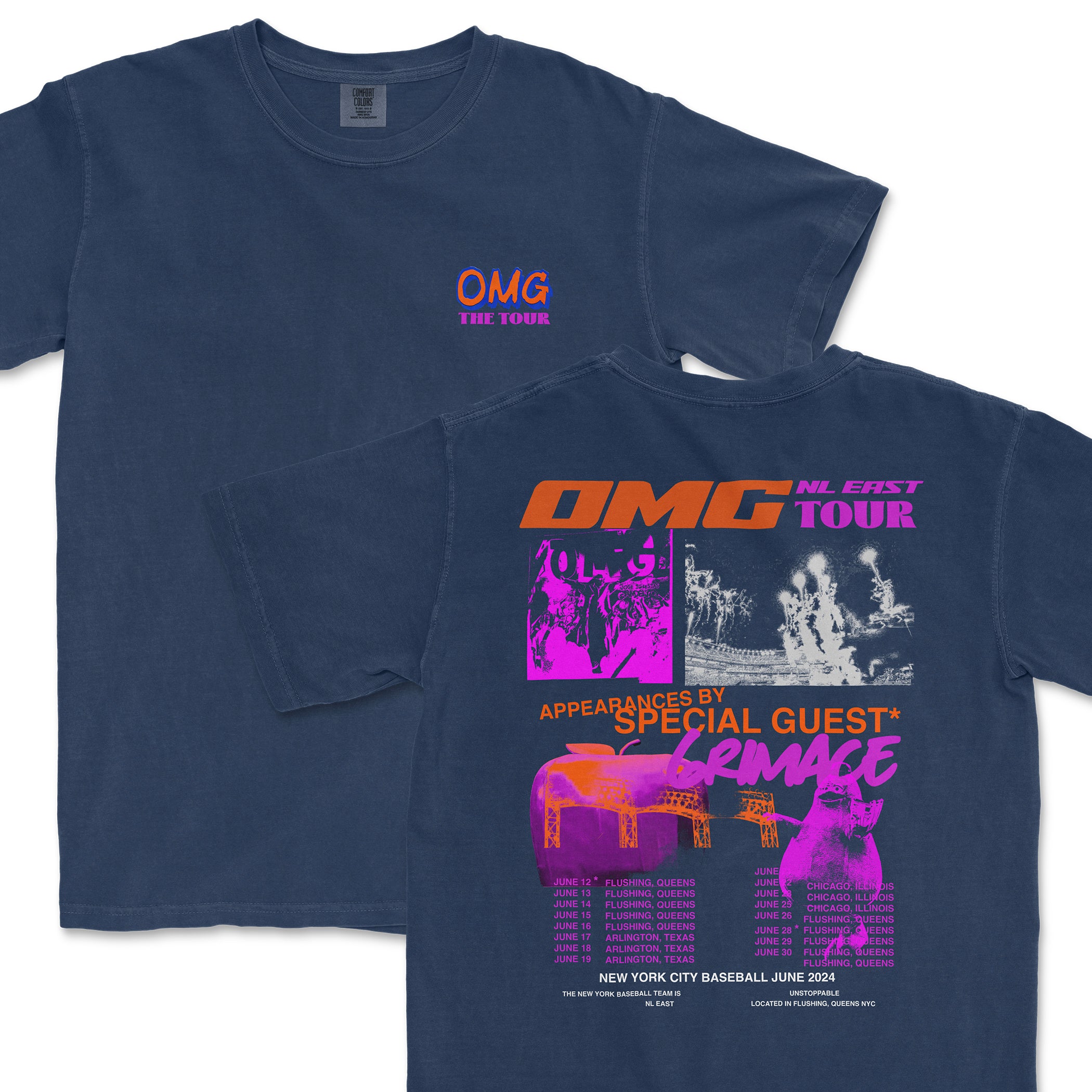 Navy Comfort Colors T-shirt featuring vibrant, retro-style graphics and text promoting the NYM World Tour with special guest GERMAGE.