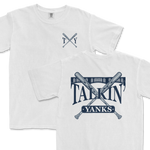 Alt text: Two white Comfort Colors t-shirts featuring the '97 Inspired Talkin' Yanks design; one displayed in full with a large graphic on the back depicting crossed baseball bats, a baseball, and the words "Talkin' Yanks"