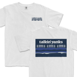 White T-shirt featuring the "Talkin' Yanks Outdoors" logo with a bridge and water design in blue tones, perfect for outdoor enthusiasts.