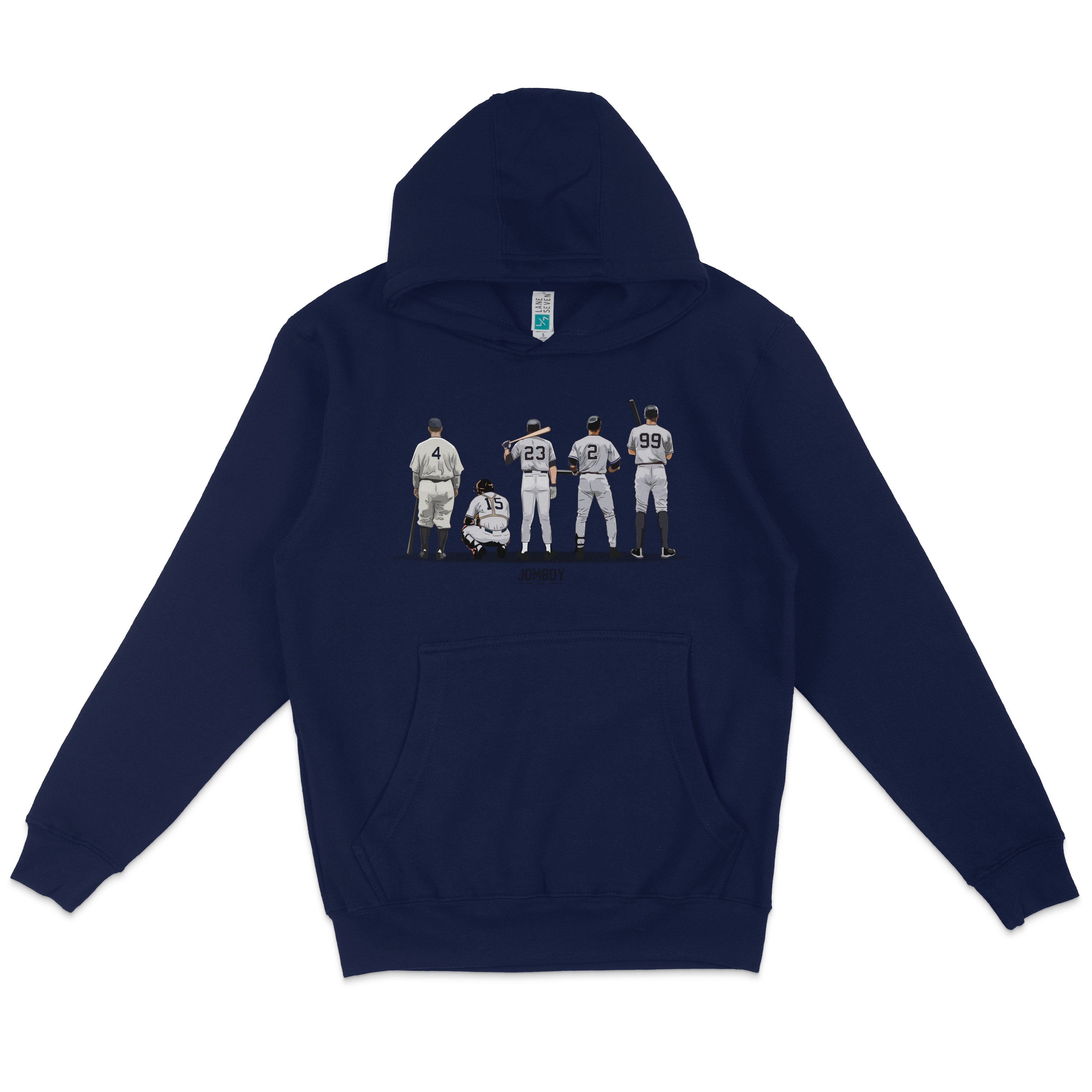 Navy pullover fleece hoodie featuring a graphic of five baseball players in uniform, standing and kneeling, with "JOMBOY" text below.