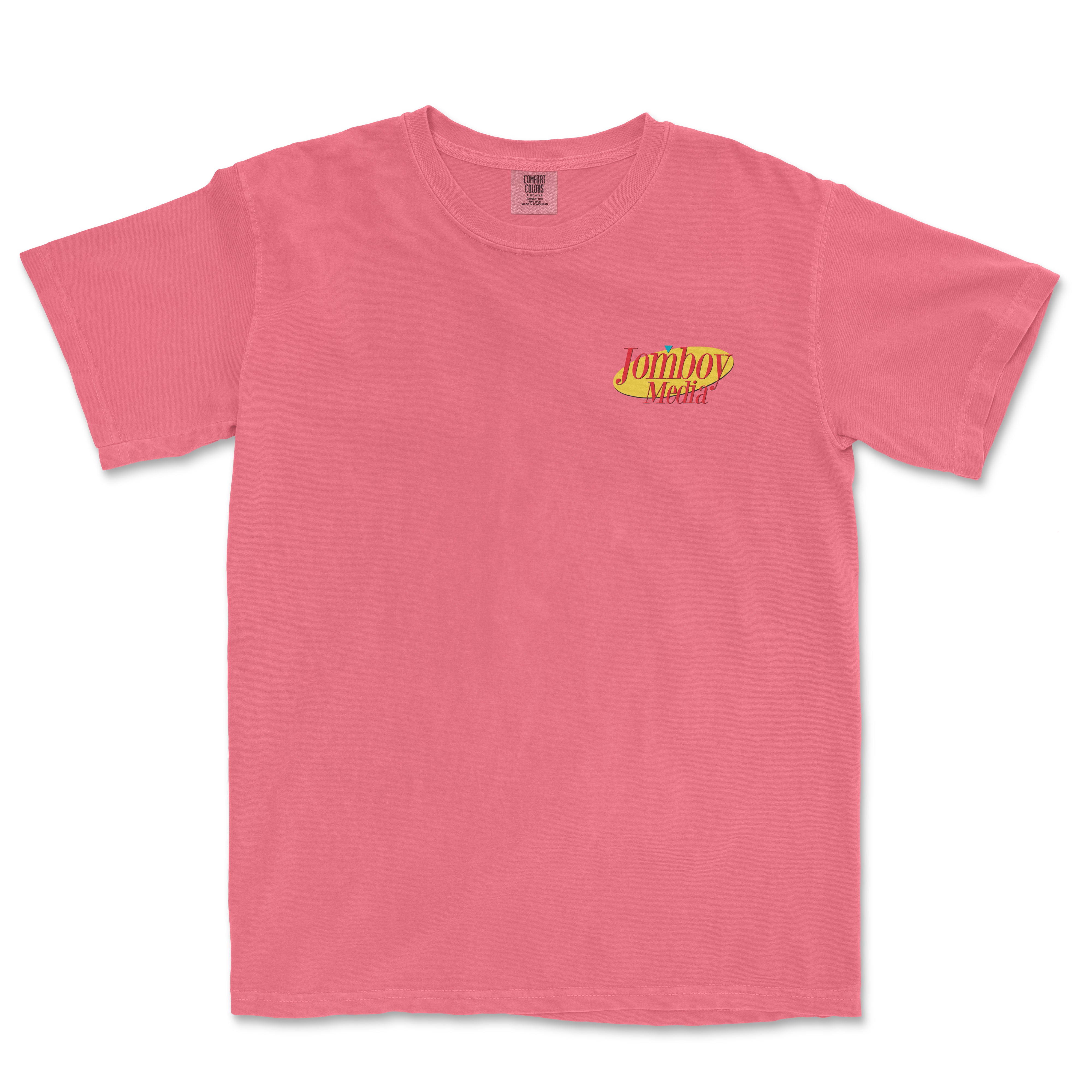 Pink T-shirt with "Jomboy Media" logo in yellow and red on the chest, featuring a small blue triangle detail.