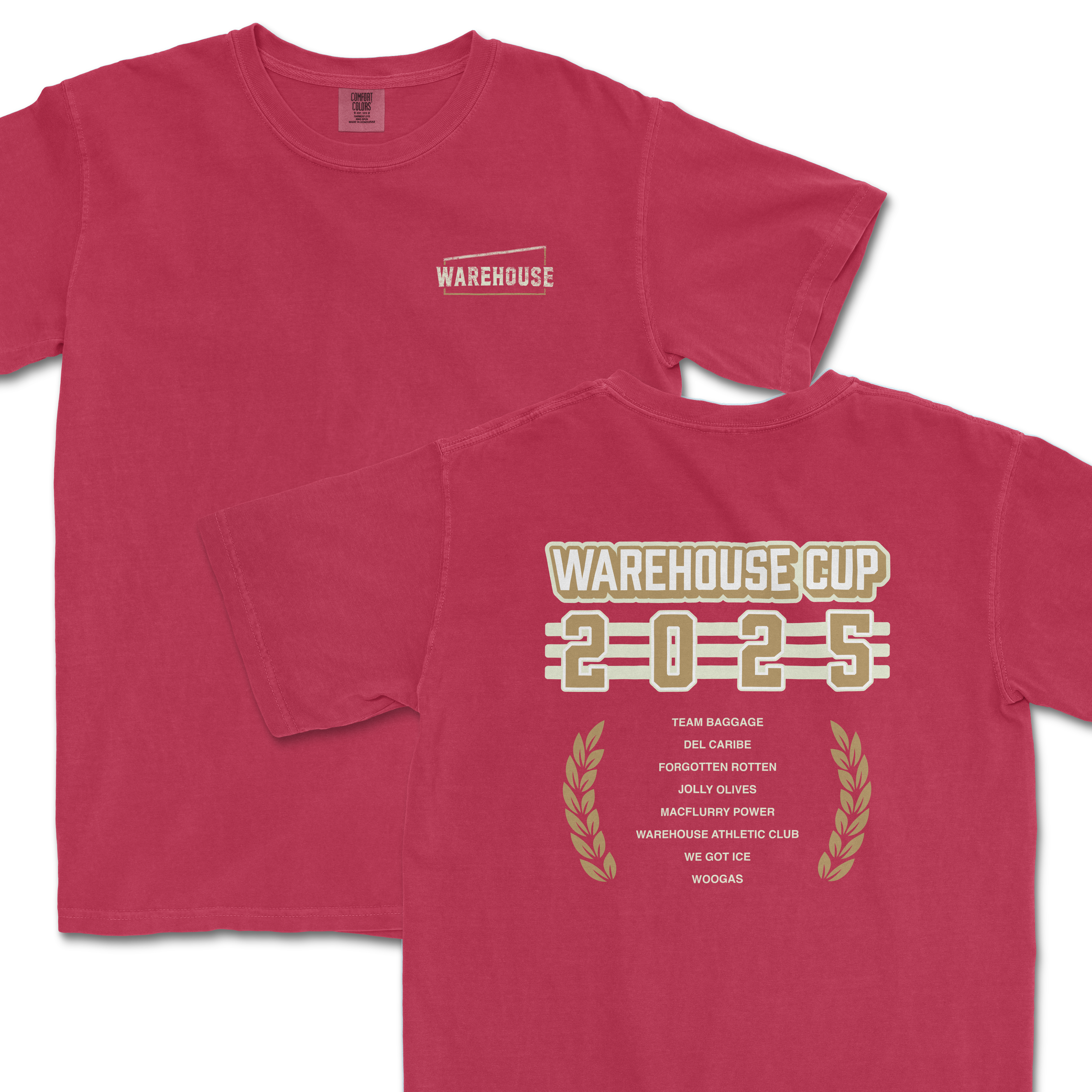 Red Warehouse Cup T-shirt with "Warehouse" logo on front and "Warehouse Cup 2025" design with team names on back.