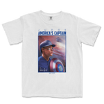 White Comfort Colors T-shirt featuring a graphic of Aaron Judge as America's Captain, with a baseball, shield, and patriotic background.