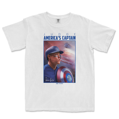 White Comfort Colors T-shirt featuring a graphic of Aaron Judge as America's Captain, with a baseball, shield, and patriotic background.
