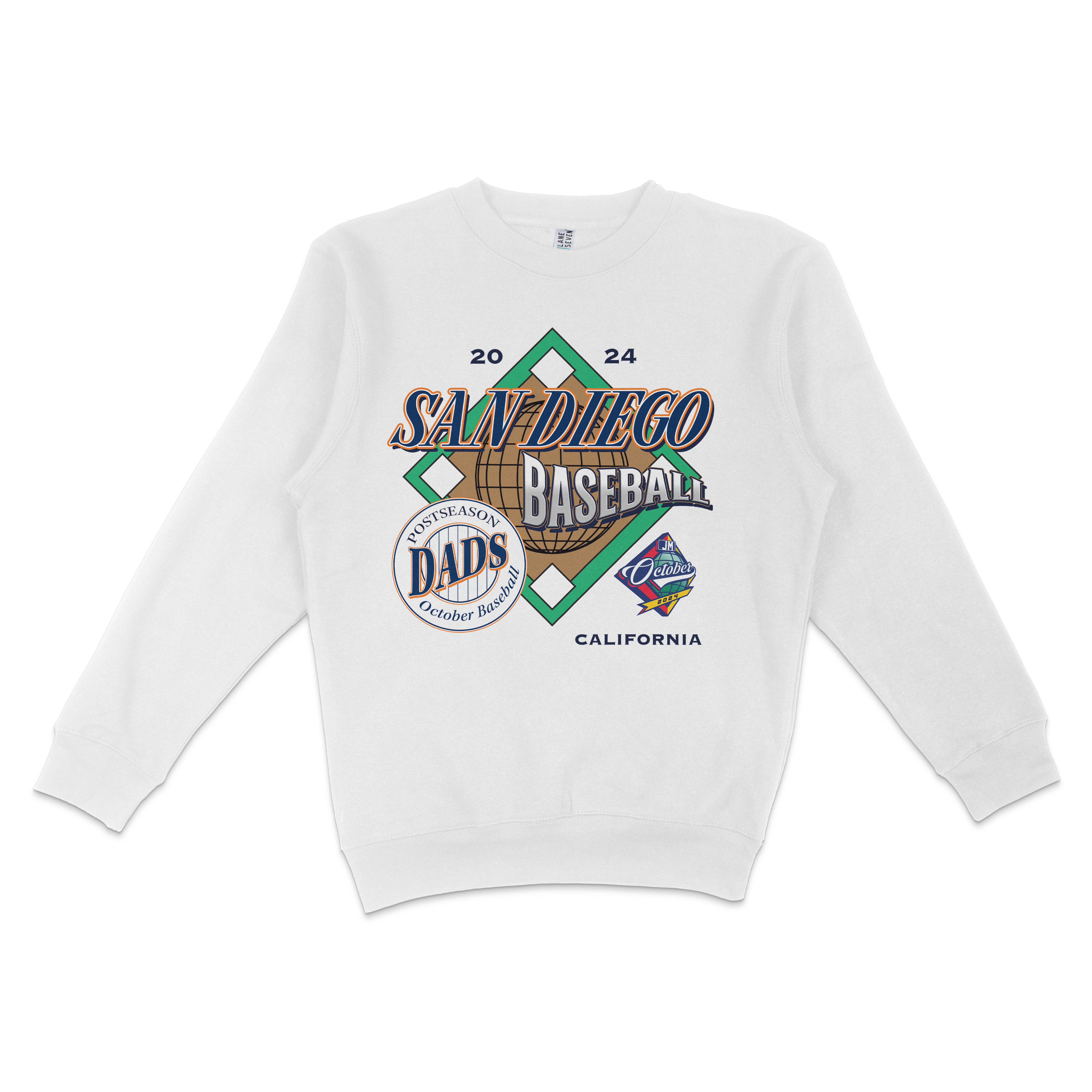 White crewneck sweatshirt featuring colorful "October in San Diego" baseball-themed graphic design with text and logos.