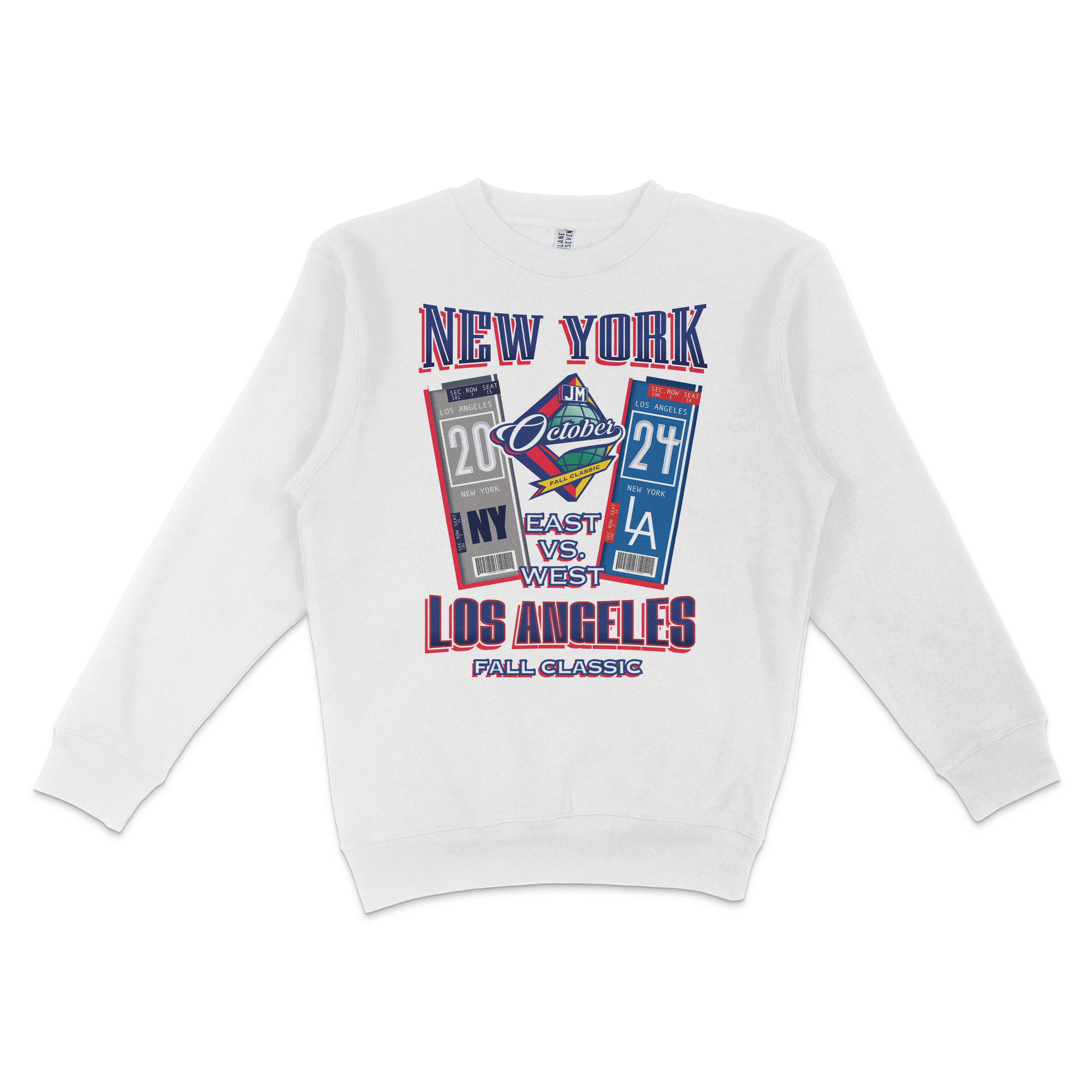 White crewneck sweatshirt featuring colorful graphics and text about a 2024 New York vs. Los Angeles fall classic event.