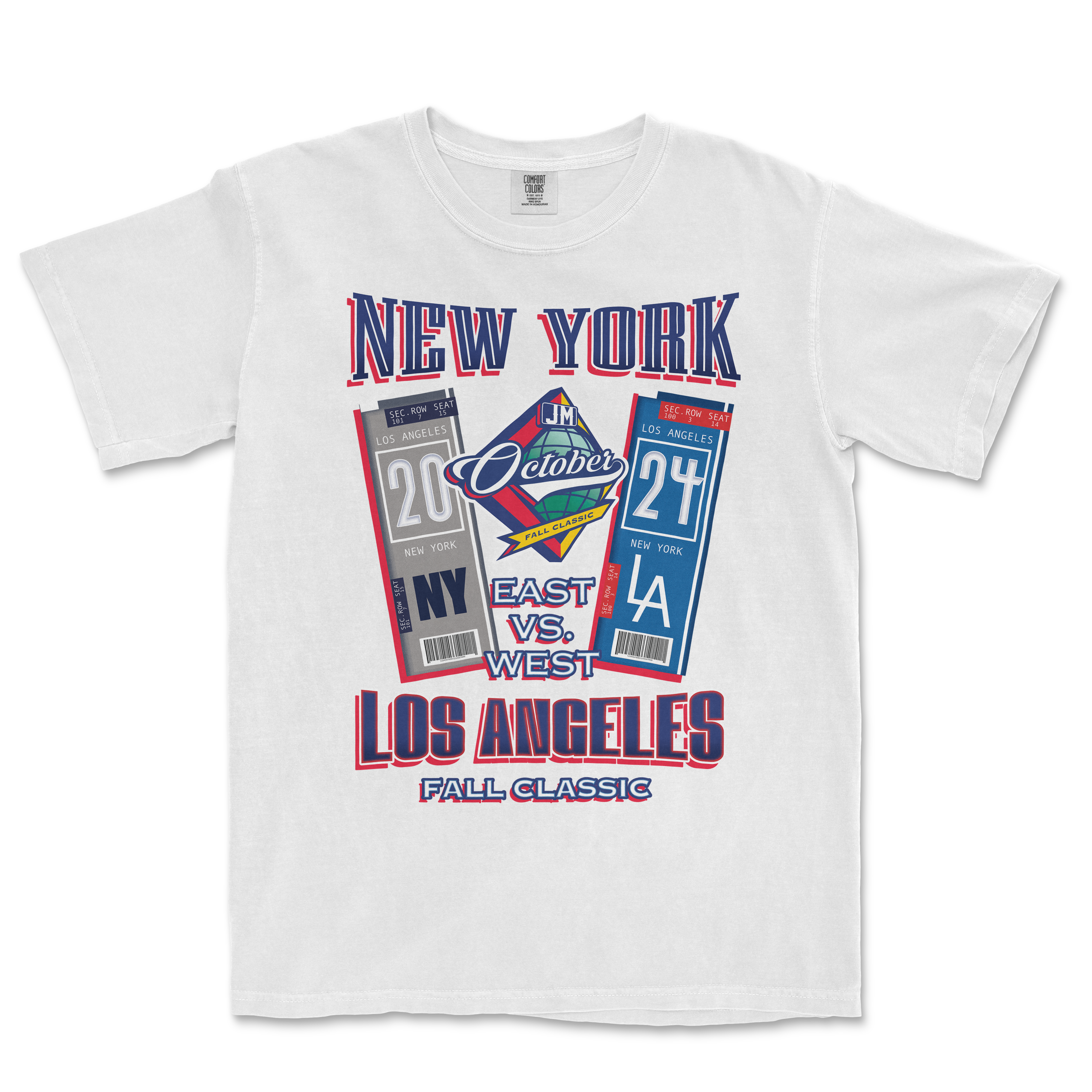 White T-shirt featuring a colorful graphic design of tickets, stadium seats, and text promoting the 2024 MLB Fall Classic between the Yankees and Dodgers.