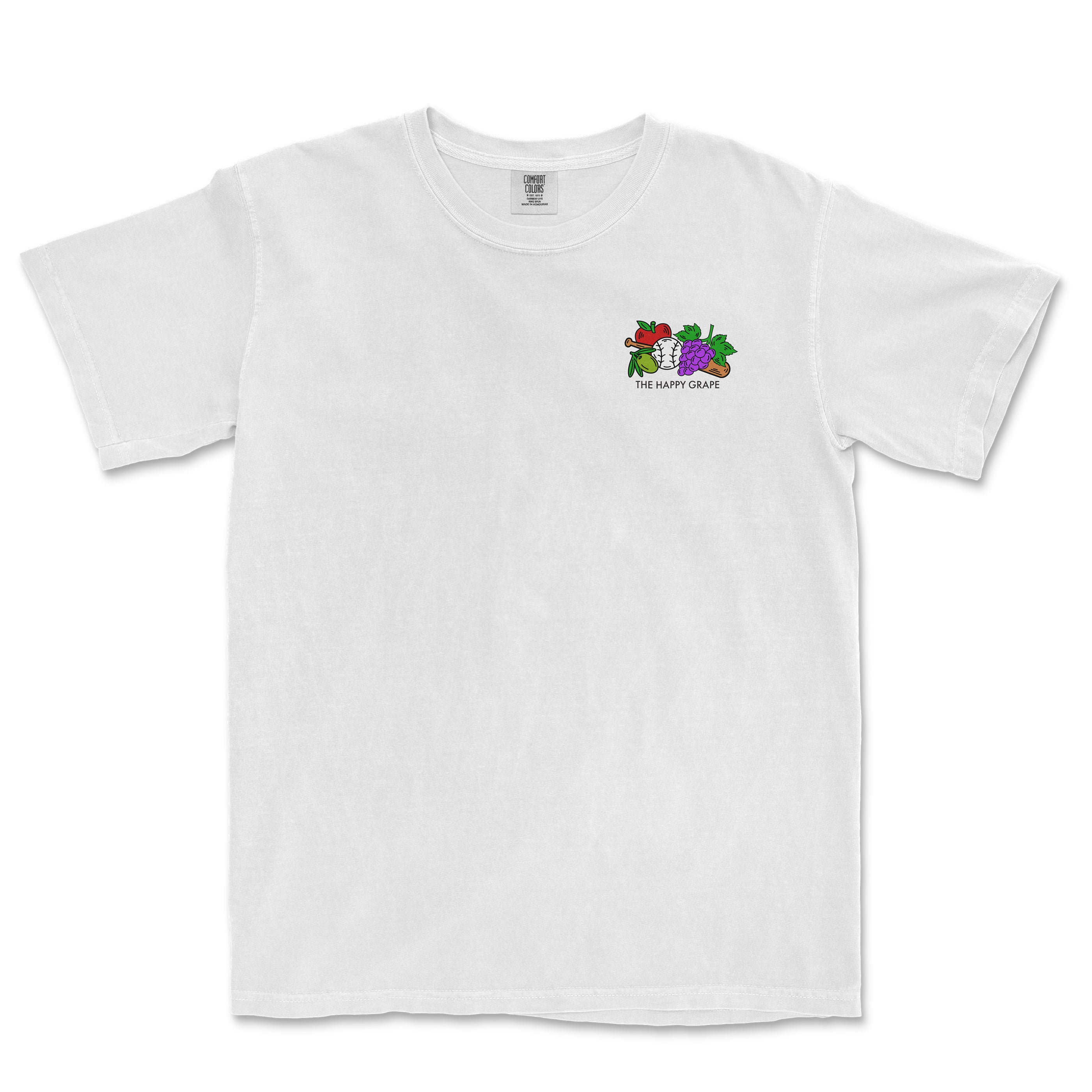 White t-shirt featuring a colorful graphic of grapes and olives with "The Happy Grape" text. Perfect for casual wear.