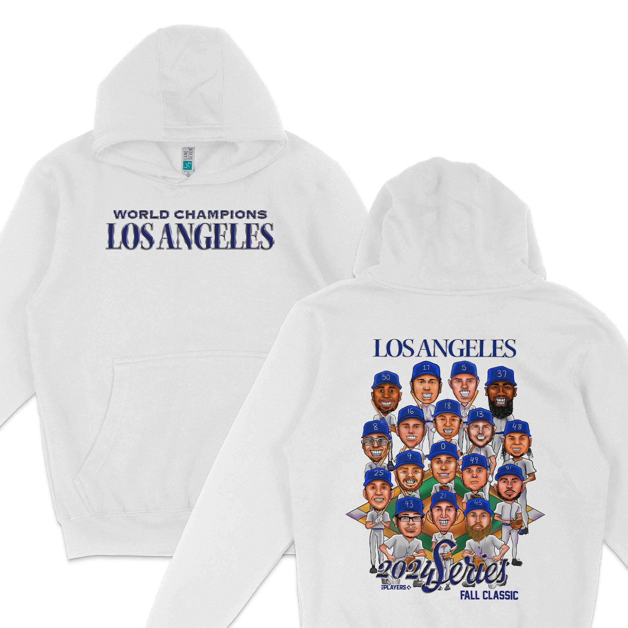White hoodie featuring "World Champions Los Angeles" text on the front and a colorful cartoon team graphic with players' faces and numbers on the back.