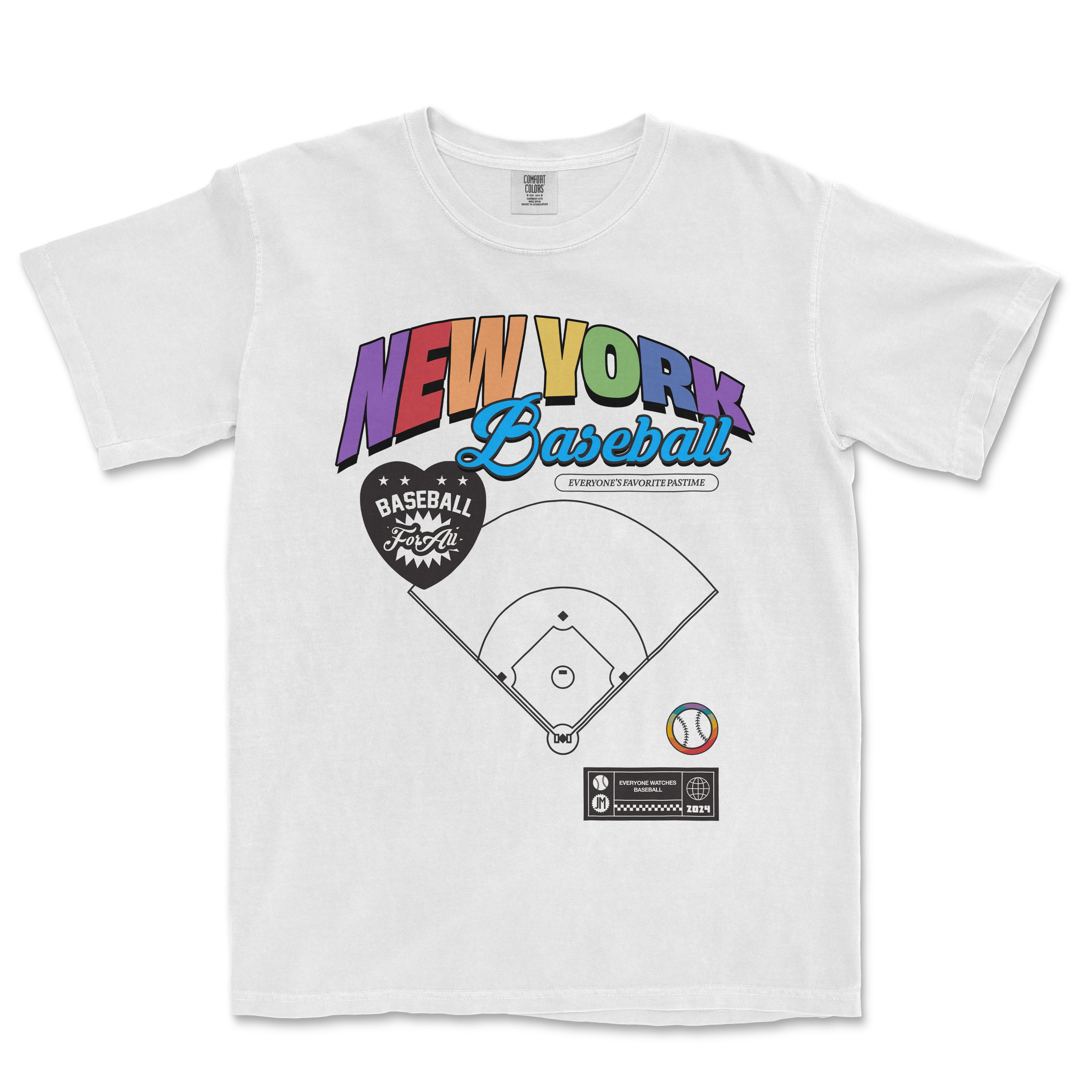 White Comfort Colors vintage tee featuring colorful "New York Baseball" text, a baseball diamond graphic, and sports-themed icons.