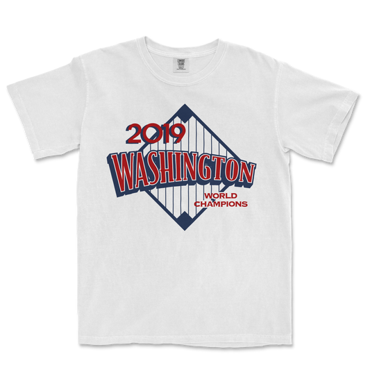 White T-shirt featuring a 2019 Washington baseball team logo with "World Champions" text and a stylized bridge graphic.