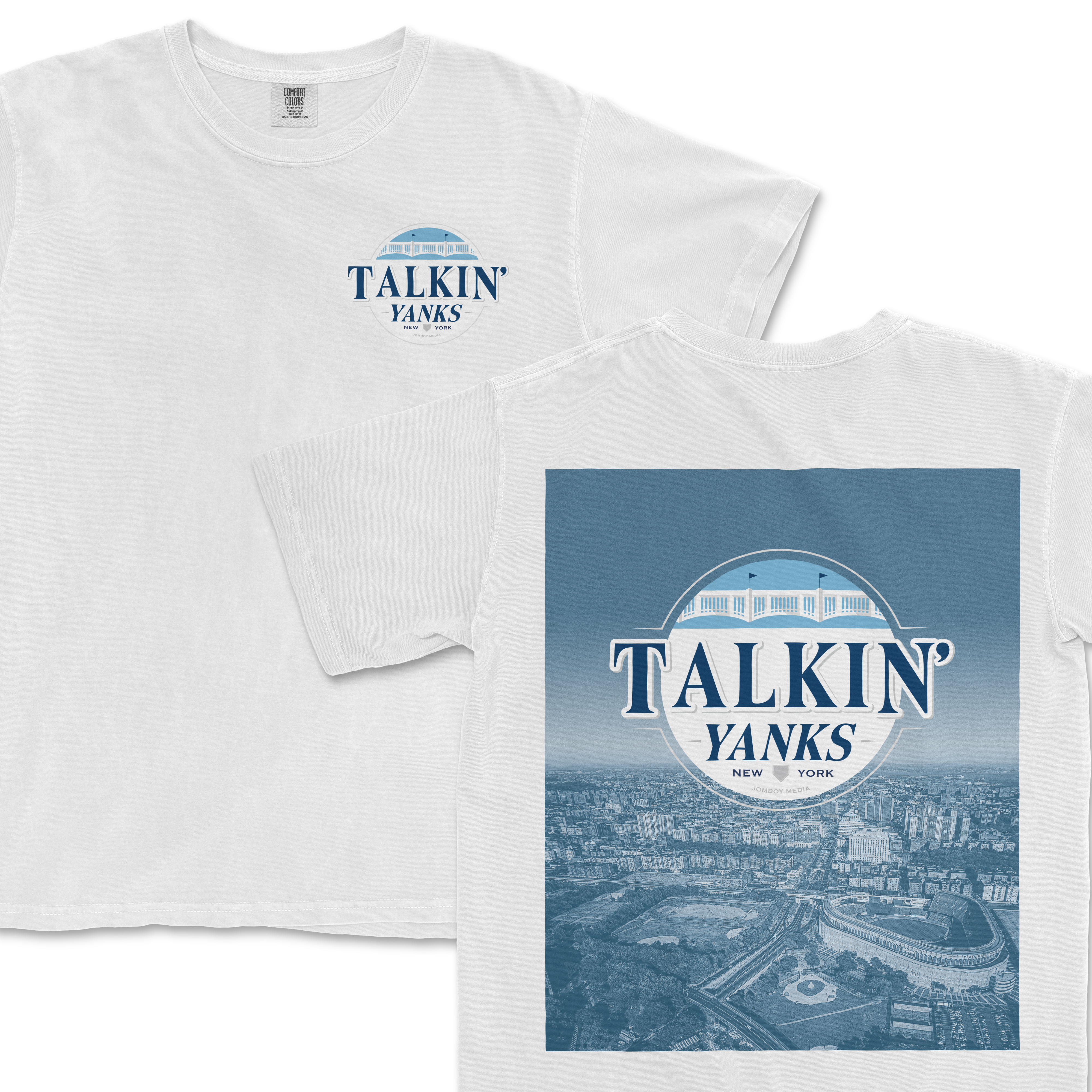 White Comfort Colors T-shirt featuring a front logo and a large back graphic with "Talkin' Yanks" and an aerial view of New York City.