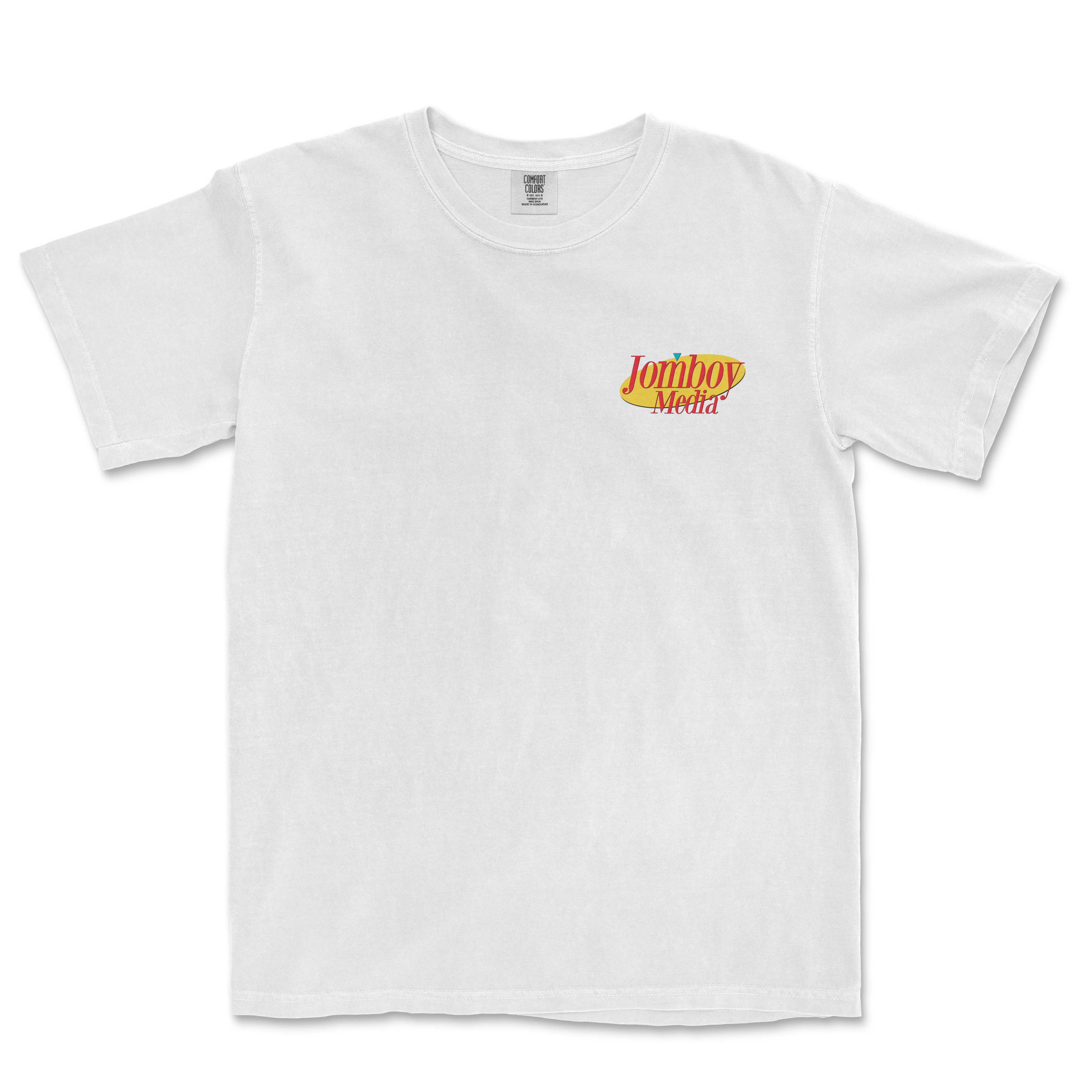 White T-shirt featuring a small "Jomboy Media" logo in red and yellow on the upper left chest area.