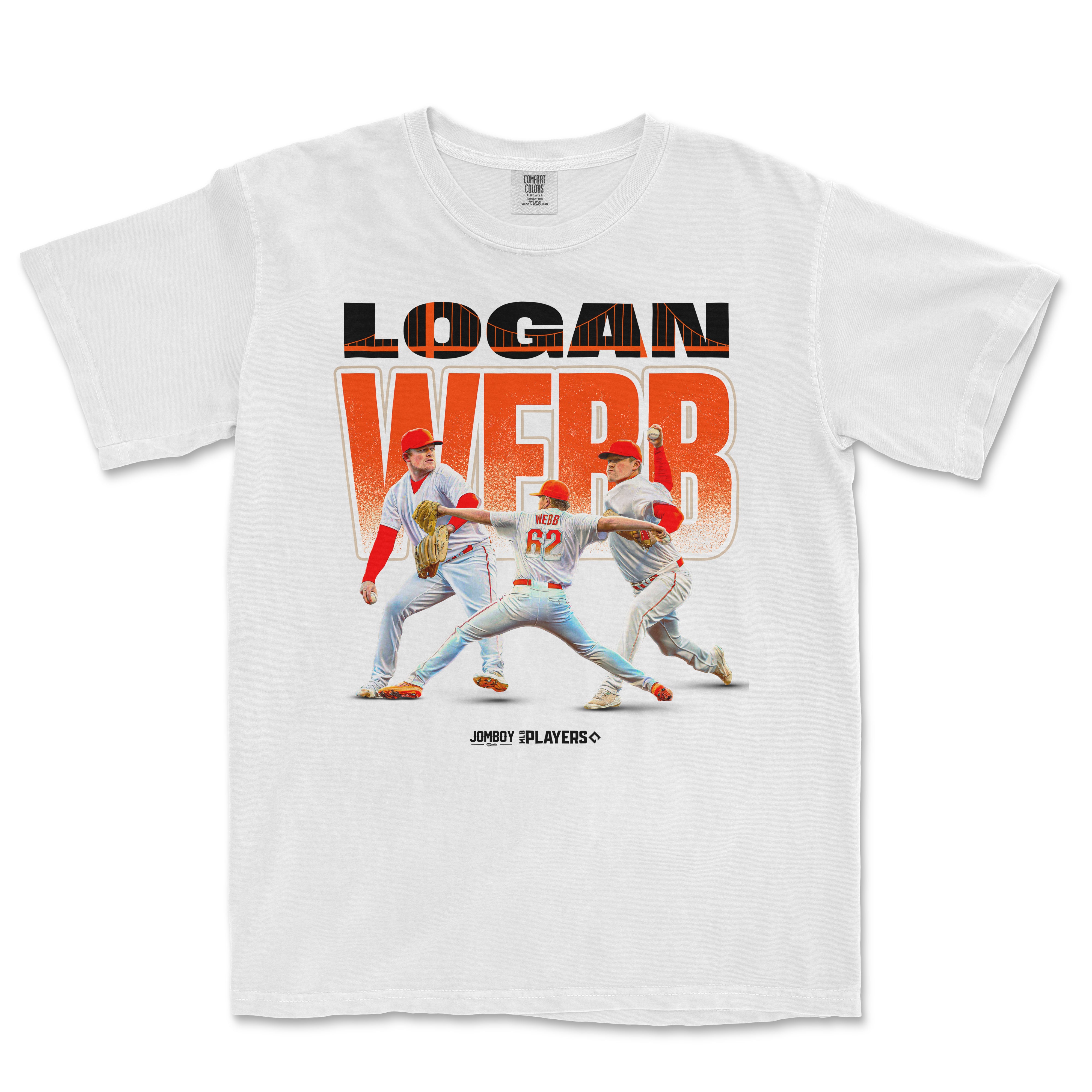 White Comfort Colors T-shirt featuring a graphic of baseball players, with "Logan Webb" and "Webb" text in bold orange and black.