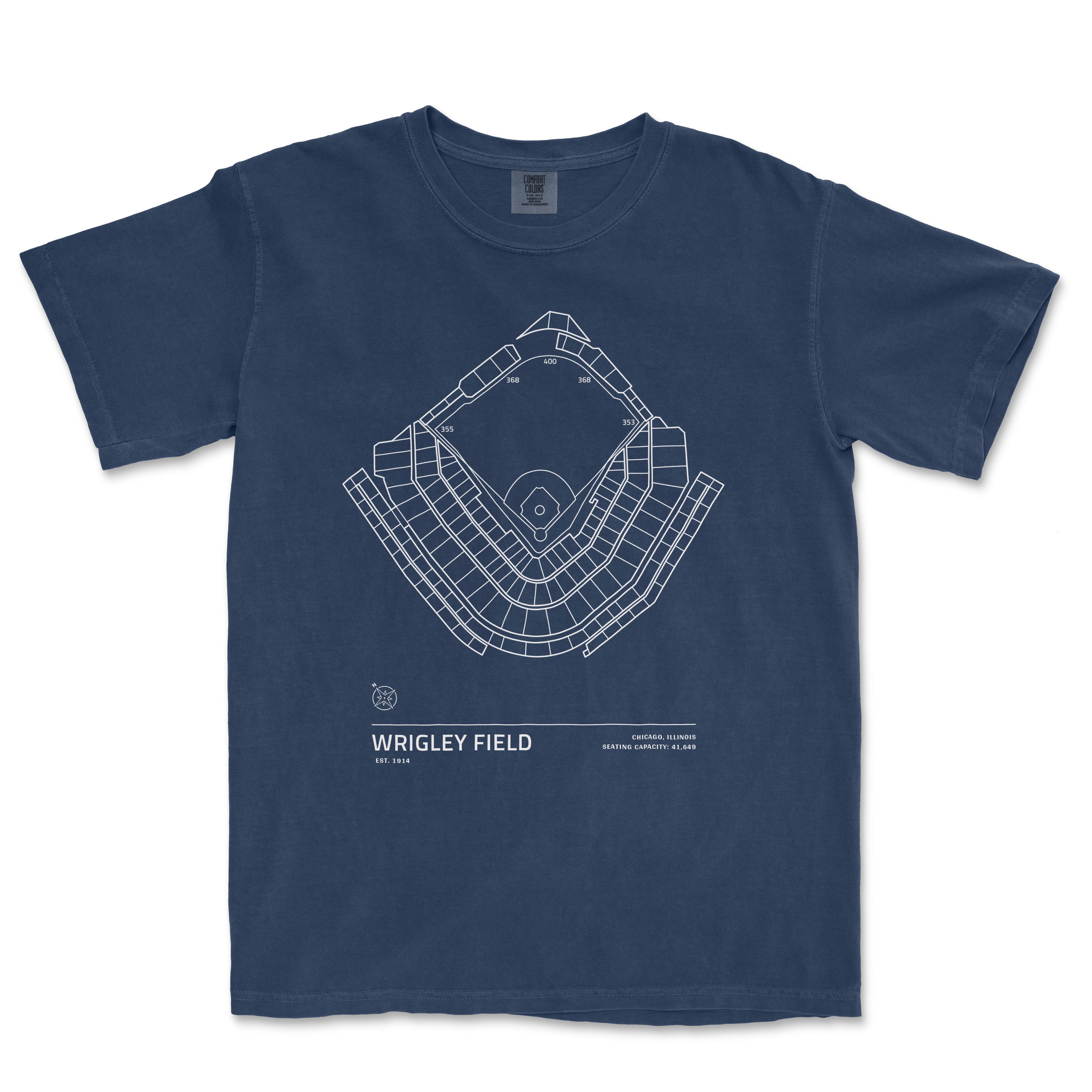 Blue T-shirt featuring a white line drawing of Wrigley Field's stadium layout, with details like seating capacity and establishment year.