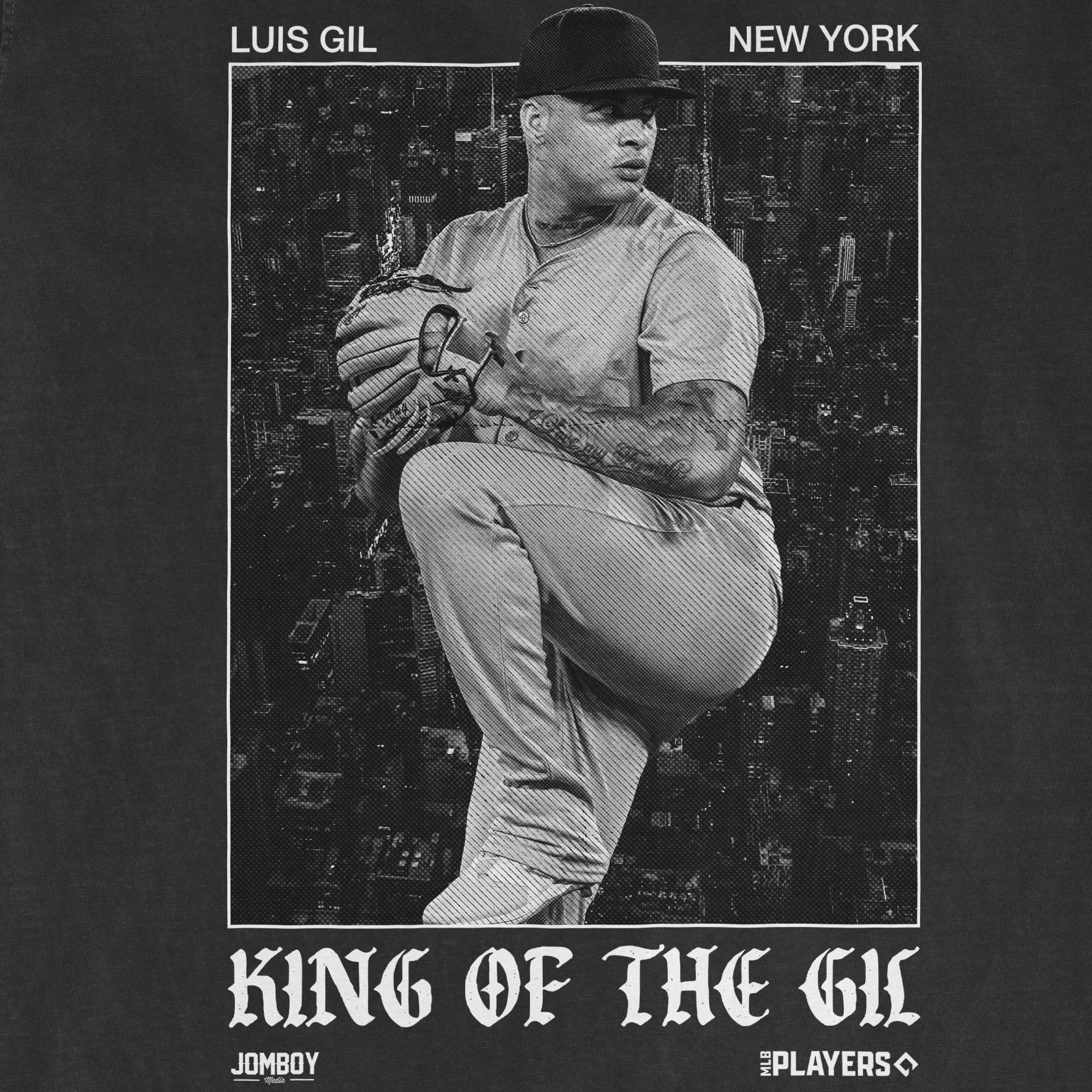 Black and white graphic of a baseball player in a cap, crouching with a glove, over a cityscape background, with text "King of the GL".