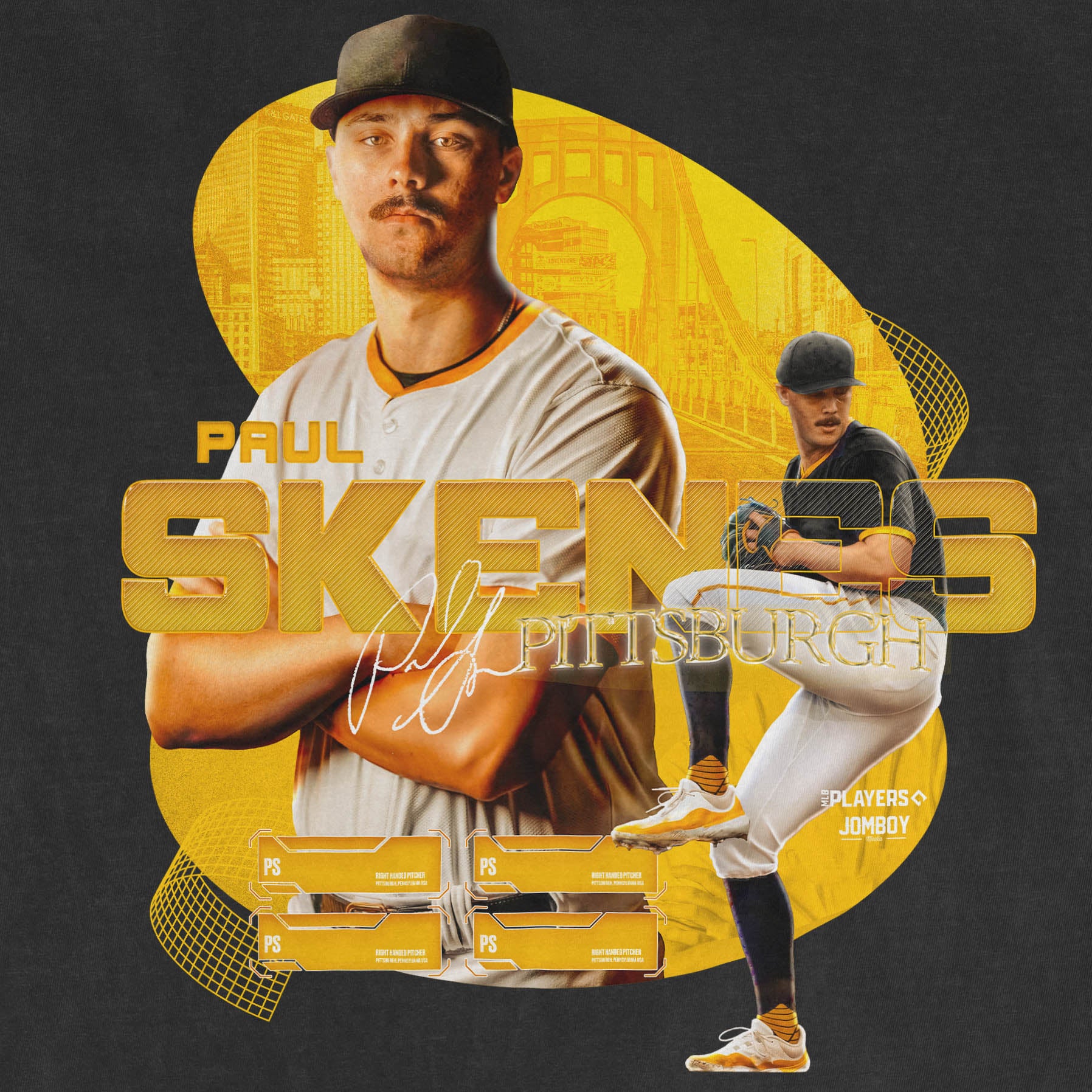 Close-up of a black Comfort Colors T-shirt featuring a graphic of baseball player Paul Skenes, with yellow and orange design elements.