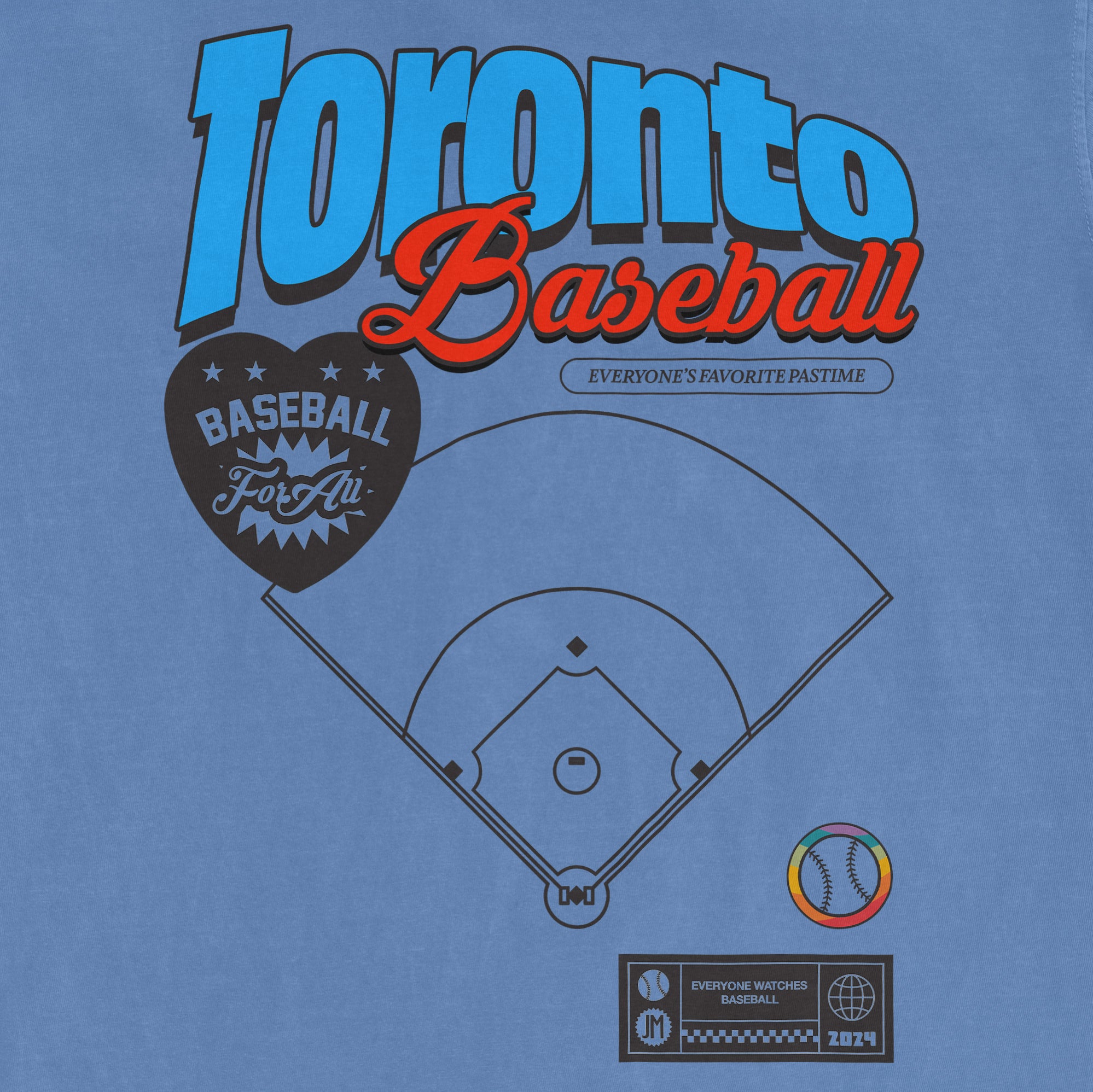 Blue T-shirt featuring a baseball diamond graphic, "Toronto Baseball" text, and a heart-shaped logo with "Baseball For All" and rainbow colors.