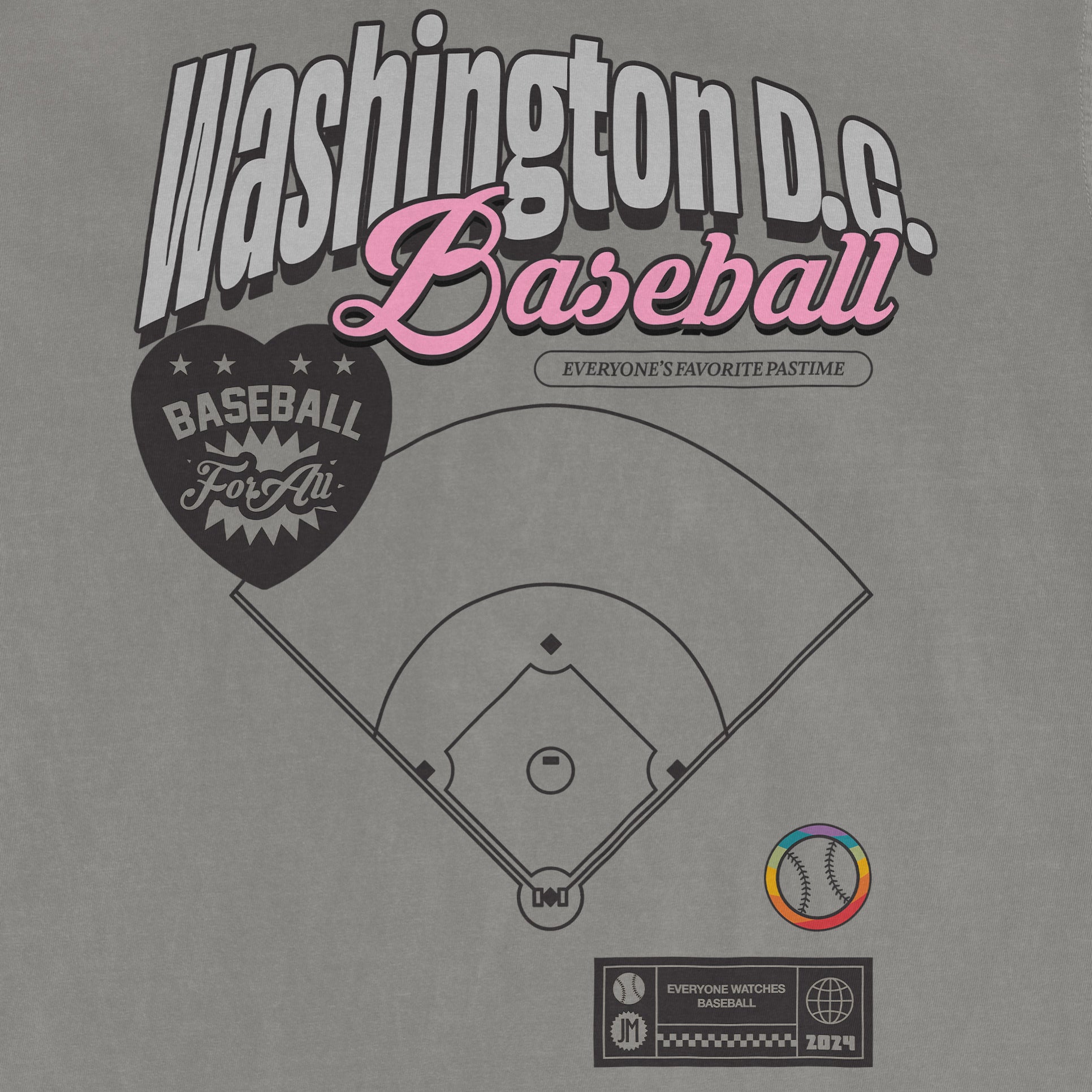 Gray vintage-style Comfort Colors T-shirt featuring a Washington D.C. Baseball graphic with colorful text, a baseball diamond, and design elements.