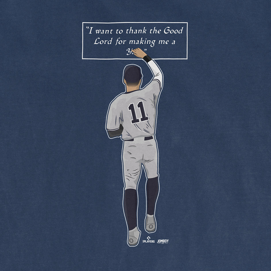 A baseball player in a gray uniform writes "I want to thank the Good Lord for making me a" on a blue background.