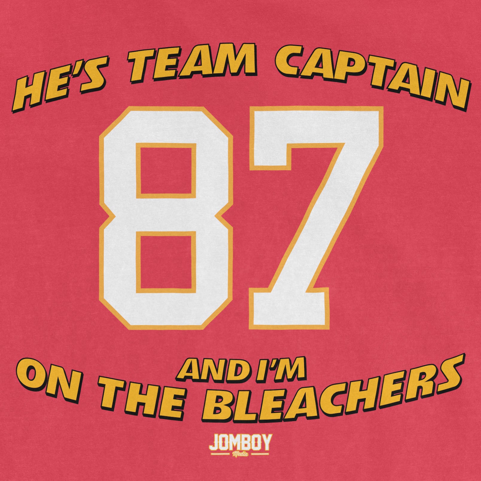 Red vintage Comfort Colors® tee featuring "He's Team Captain 87 and I'm on the Bleachers" text with large white and yellow outlined numbers.