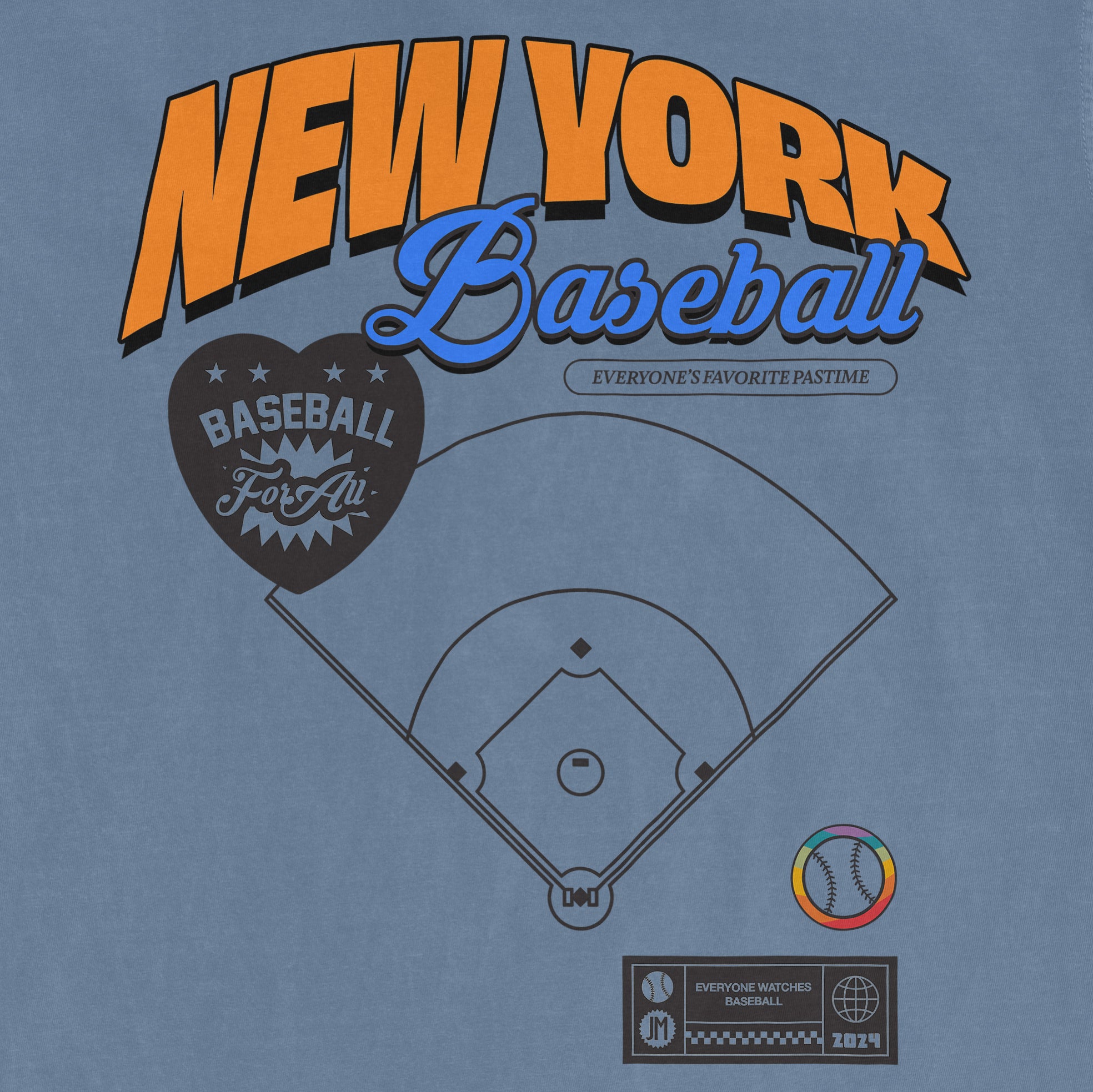 Graphic of a baseball field with "Queens Baseball Pride" text, a heart-shaped logo, and colorful design elements on a blue background.