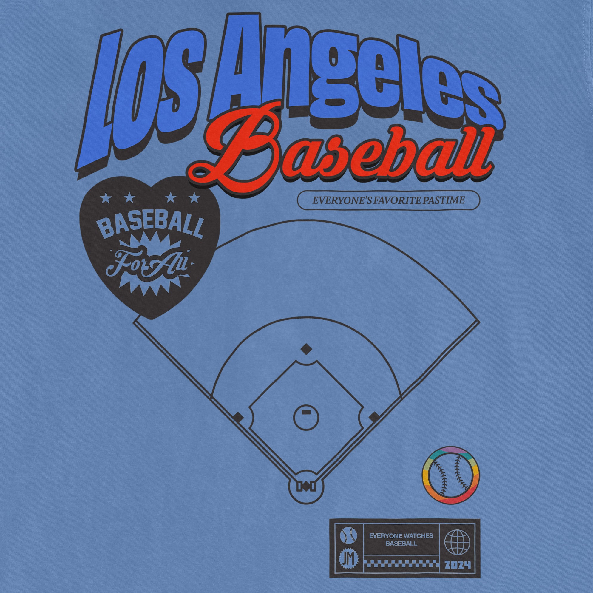 Blue vintage Comfort Colors tee featuring "Los Angeles Baseball Pride" text, a baseball diamond graphic, and colorful rainbow baseball icon.