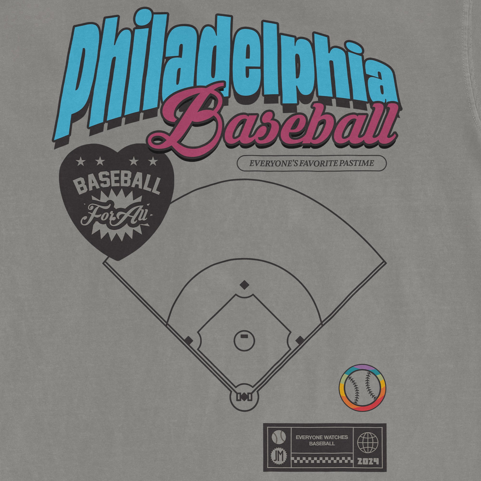 Gray T-shirt featuring colorful "Philadelphia Baseball Pride" text, a baseball diamond graphic, and a rainbow-colored baseball icon.