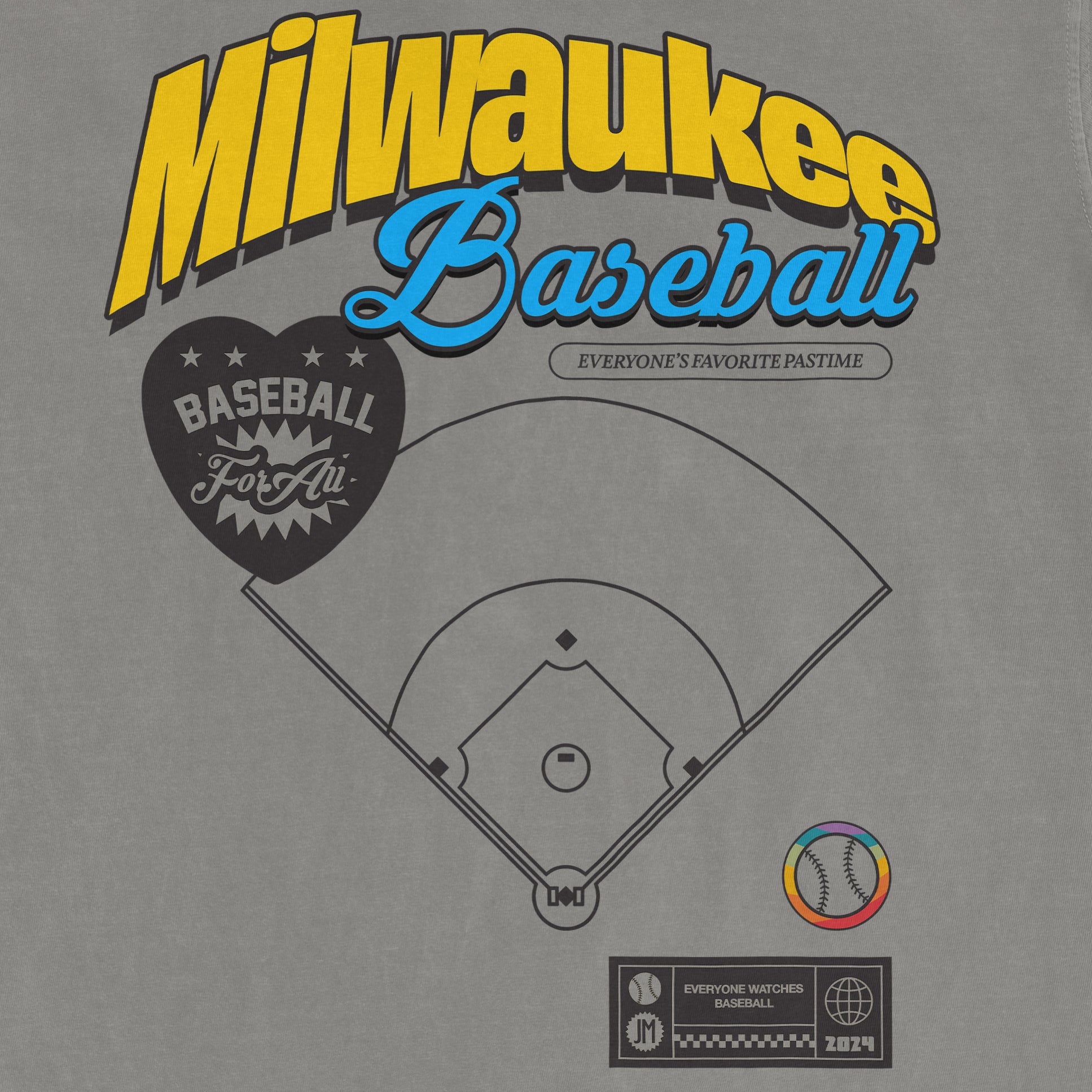 Comfort Colors vintage tee featuring Milwaukee Baseball Pride design with colorful text, baseball field graphic, and playful elements.