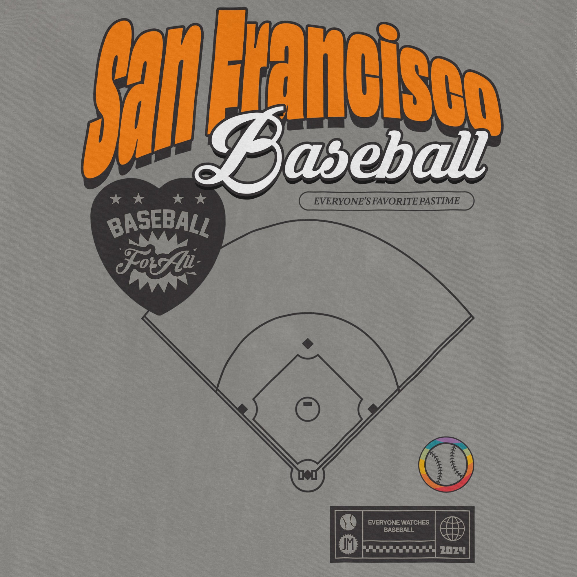 Gray fabric with colorful "San Francisco Baseball Pride" text, a baseball diamond diagram, and a rainbow-colored baseball icon.