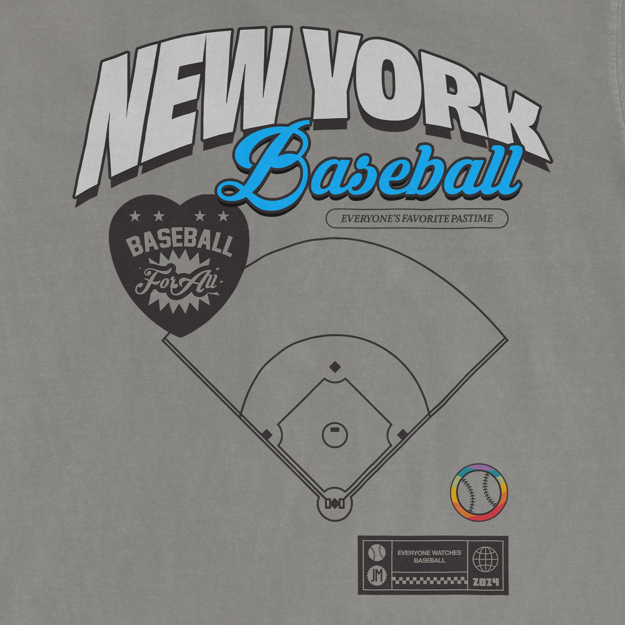 Gray vintage-style tee featuring "New York Baseball Pride" text, a baseball diamond graphic, and colorful rainbow baseball icon.
