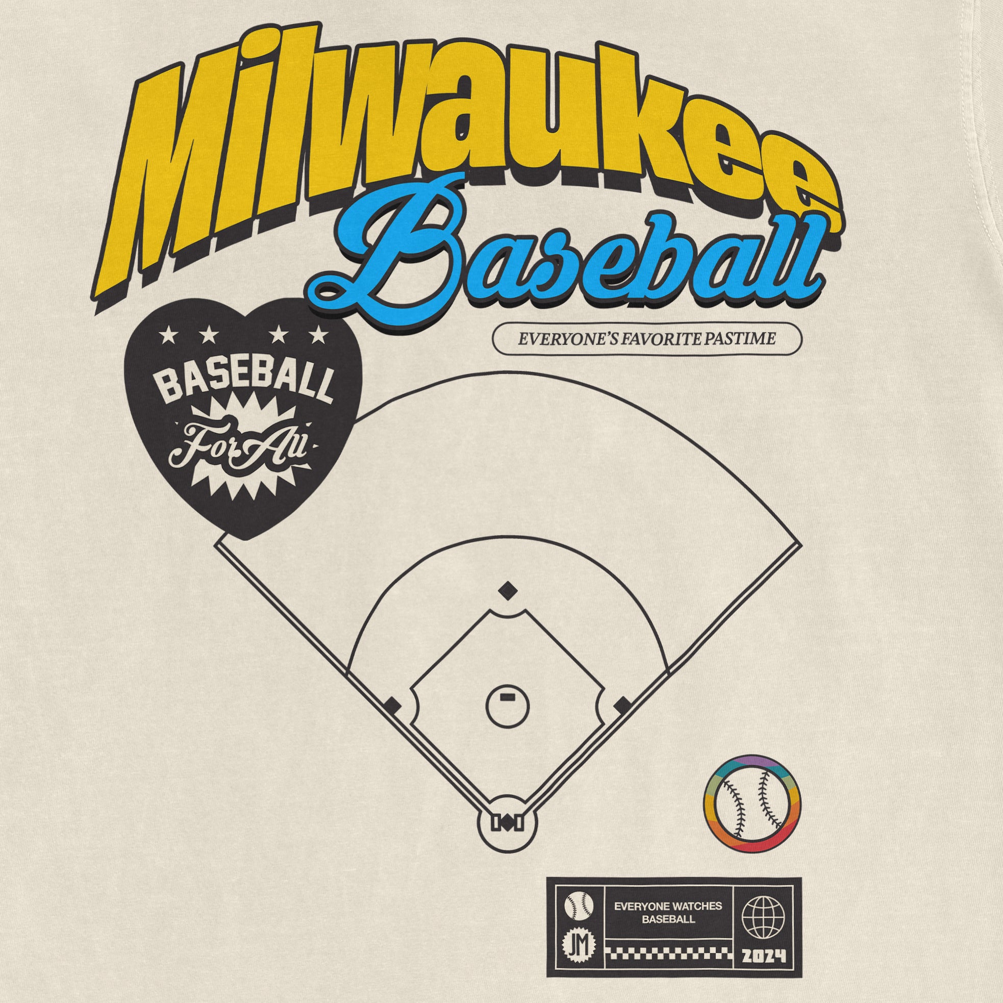 Comfort Colors Vintage Tee featuring Milwaukee Baseball Pride design with a baseball field, colorful ball, and team-themed graphics.