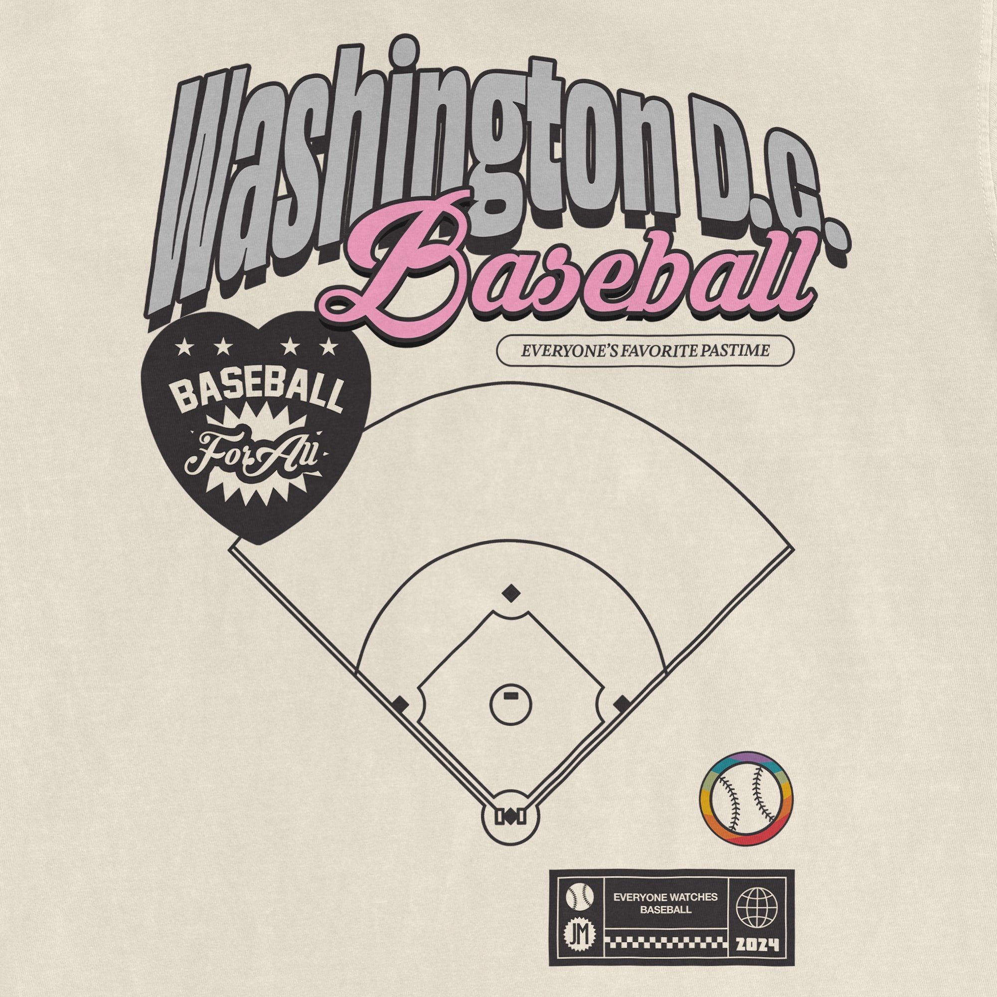 Vintage-style beige T-shirt featuring a baseball diamond graphic, "DC BASEBALL PRIDE" text, and colorful design elements.