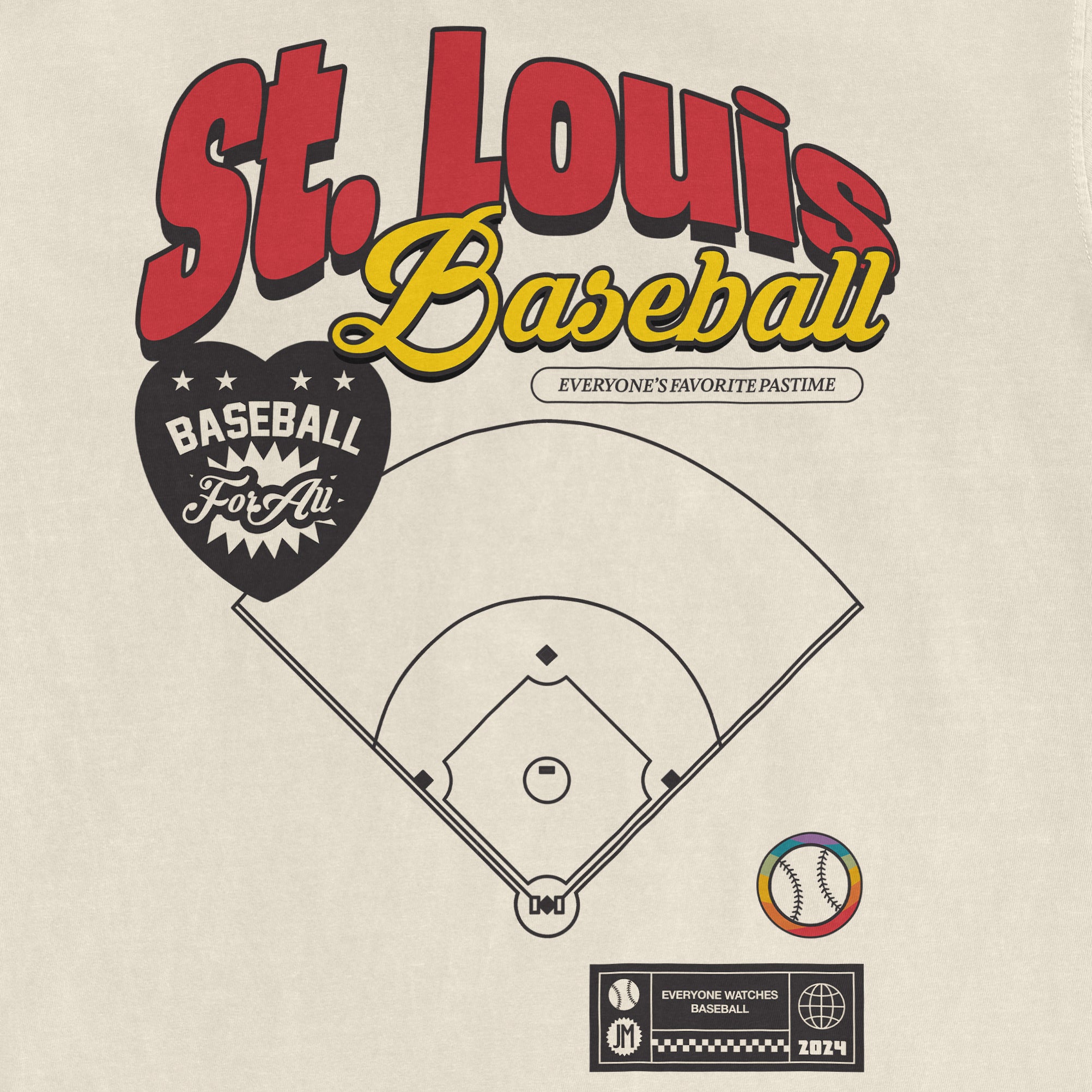 Close-up of a beige T-shirt featuring "St. Louis Baseball Pride" text, a baseball field diagram, and colorful baseball graphic.