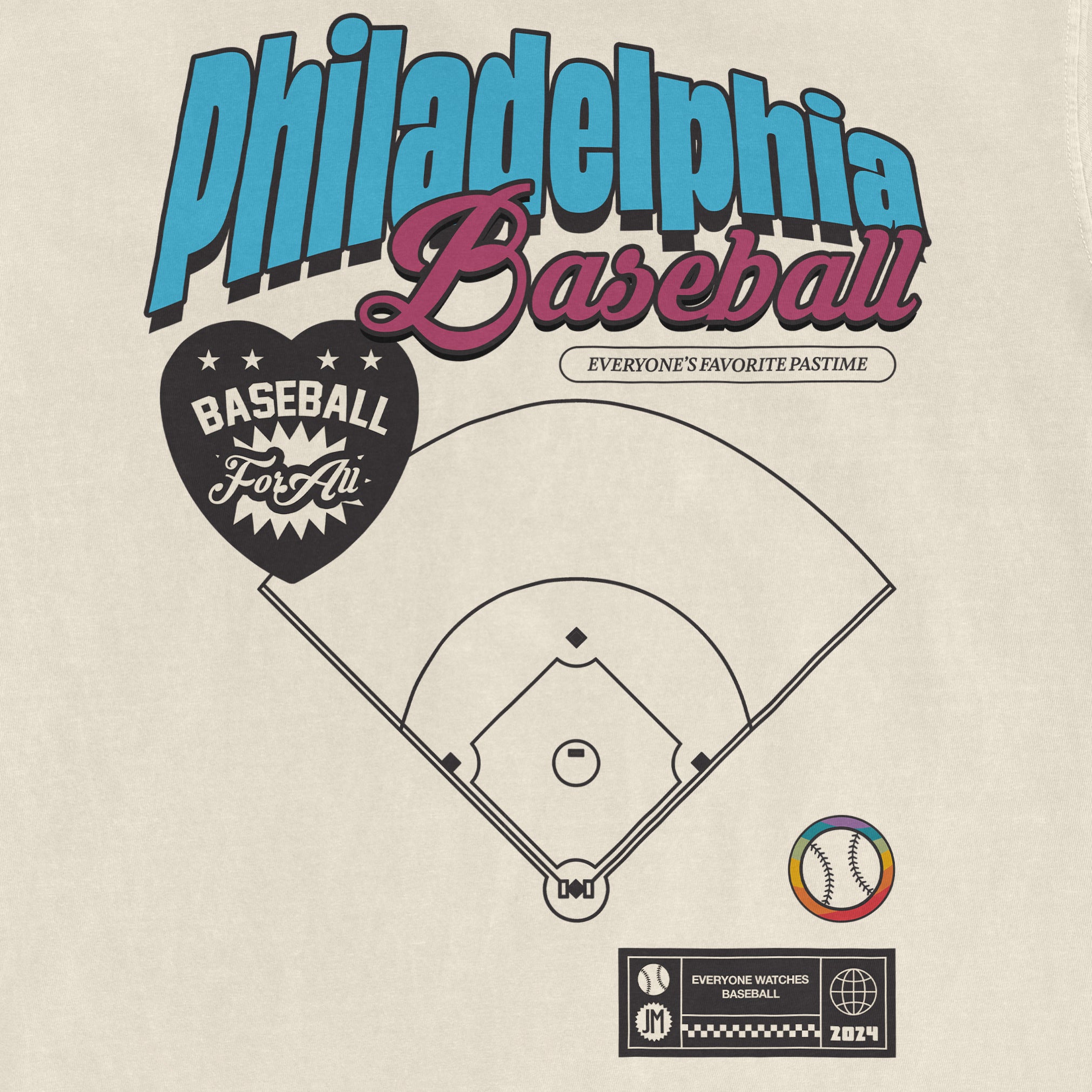 Graphic design featuring a baseball diamond, colorful "Philadelphia Baseball Pride" text, a heart-shaped "Baseball For All" logo, and a rainbow-colored baseball icon.