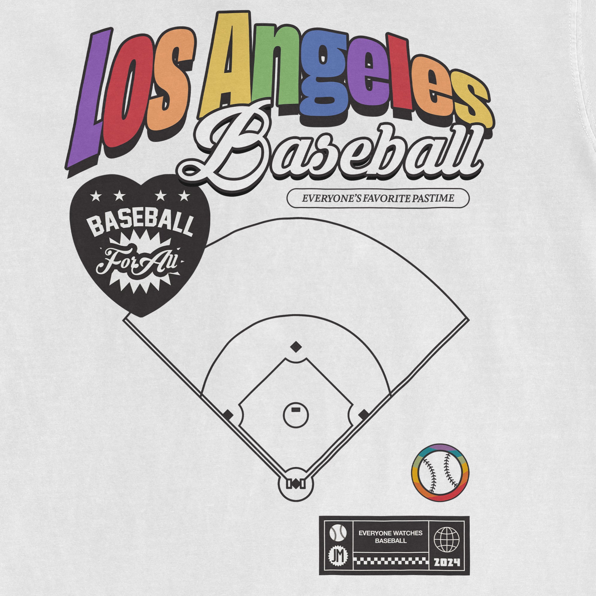 Vintage Comfort Colors tee featuring colorful "Los Angeles Baseball" text, baseball diamond graphic, and playful design elements.